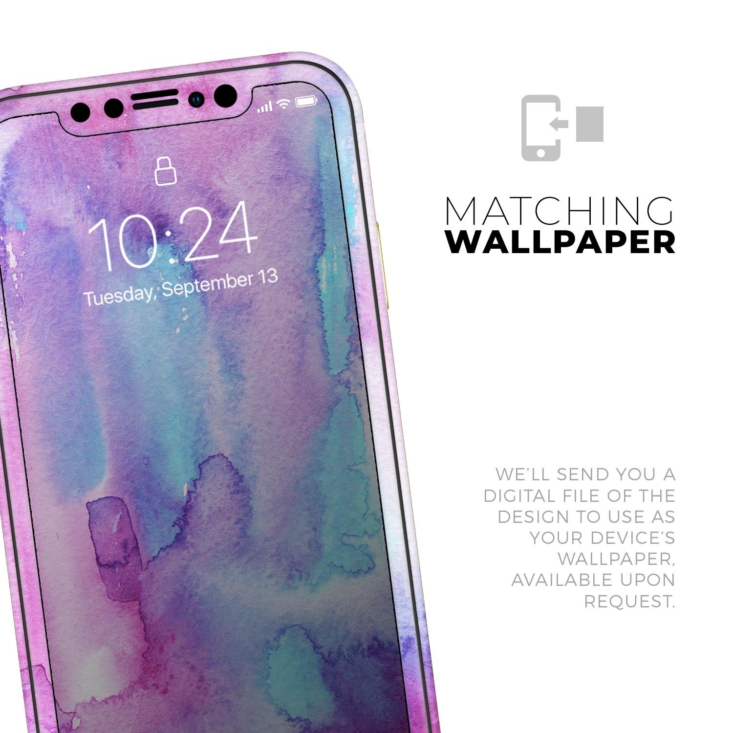 Blue and Pinkish Absorbed Watercolor Texture skin for iPhone, showcasing vibrant colors and a sleek design.