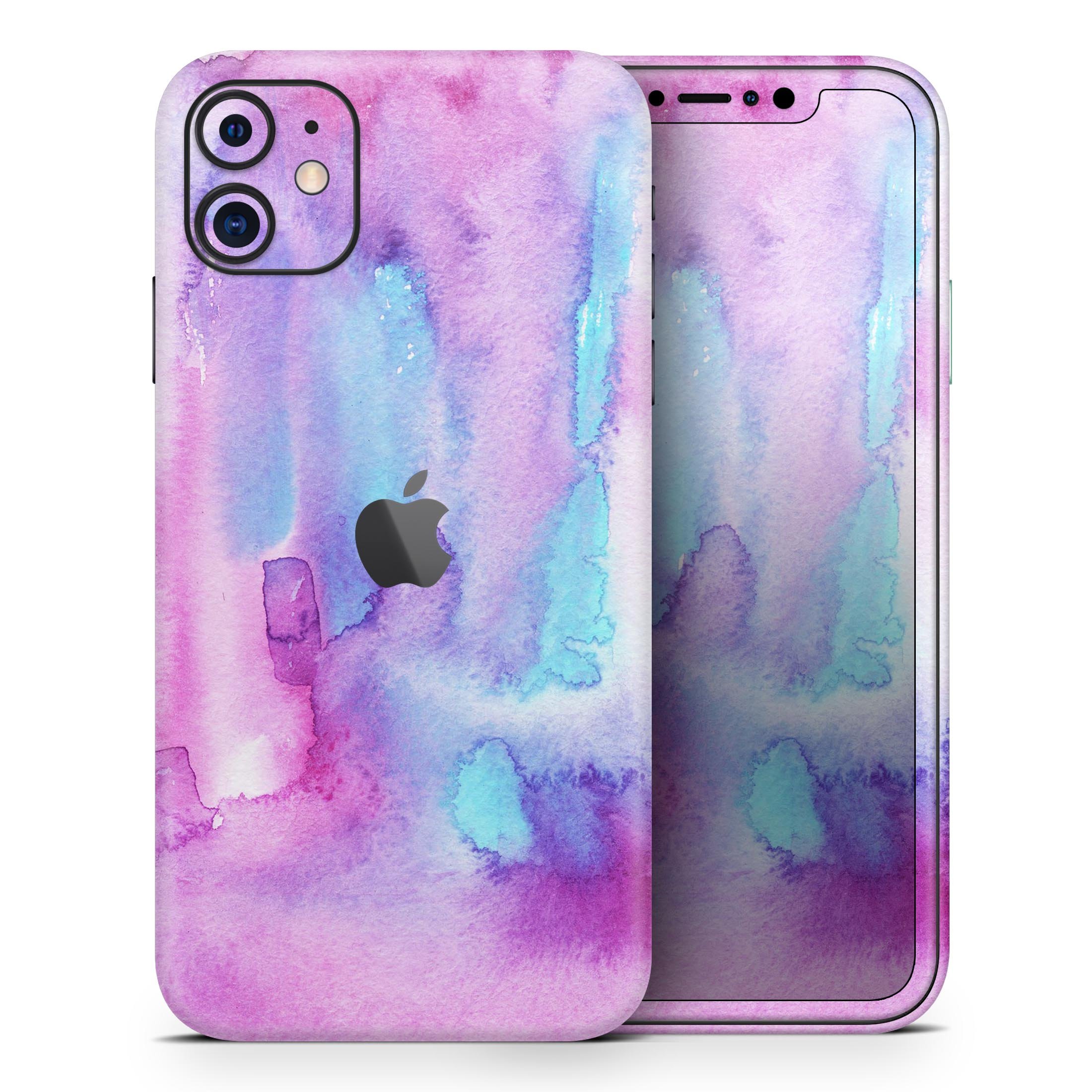 Blue and Pinkish Absorbed Watercolor Texture skin for iPhone, showcasing vibrant colors and a sleek design.