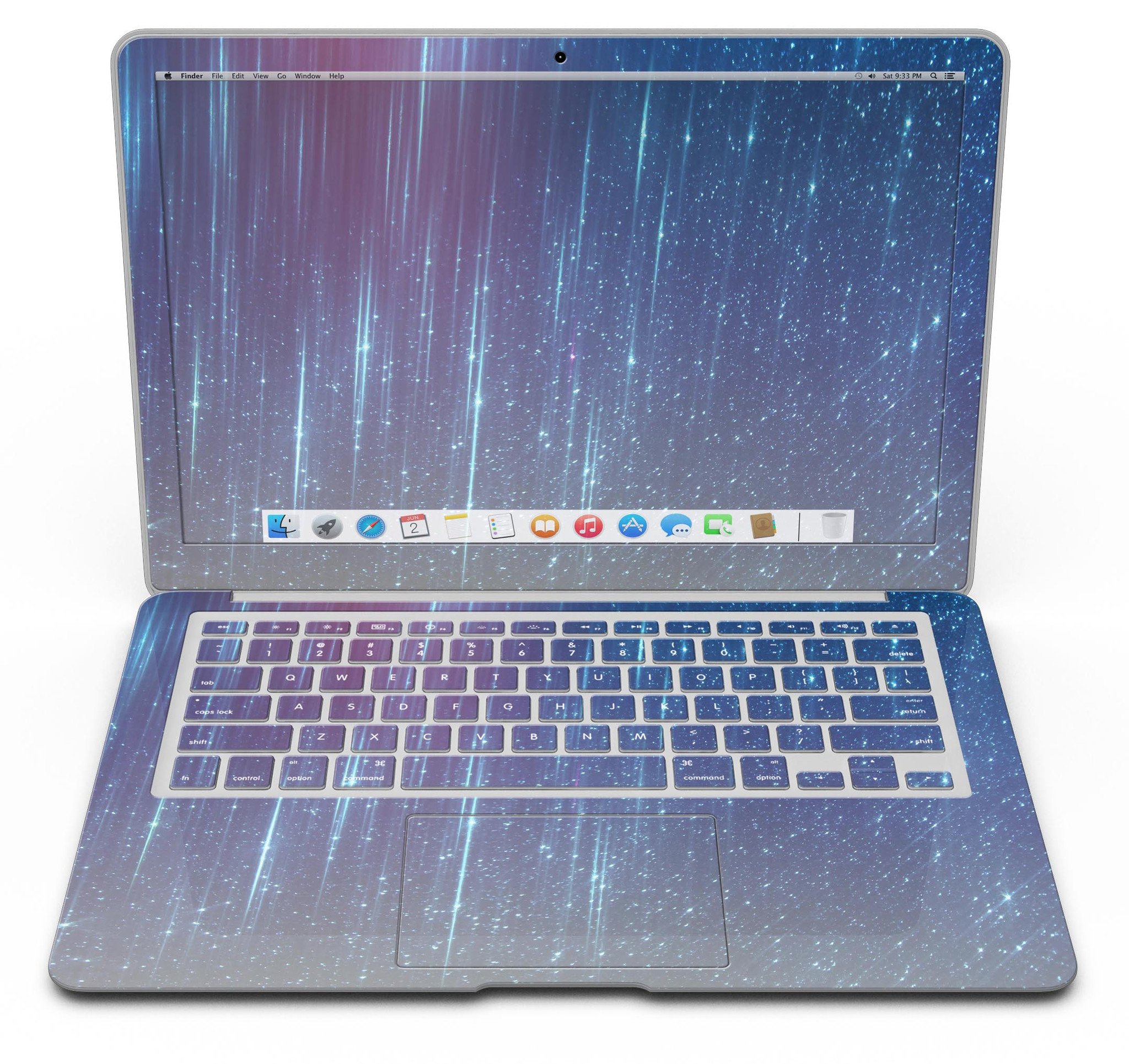 Blue and purple streaked vinyl skin for MacBook Air, showcasing a stylish design that protects against scratches.