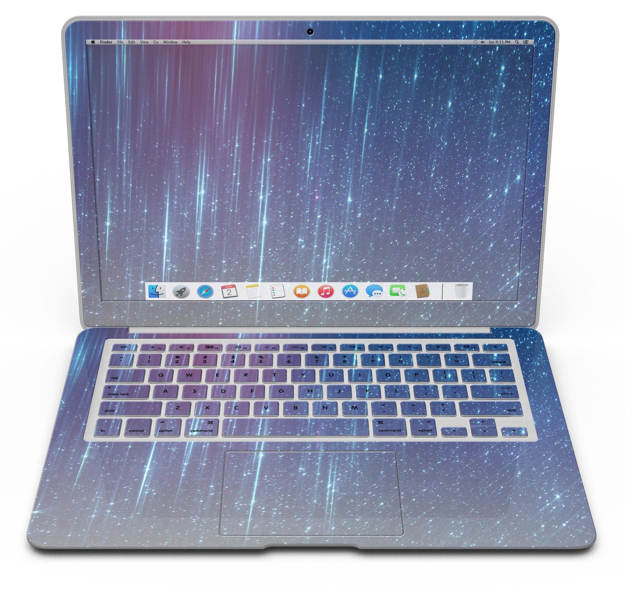 Blue and purple streaked vinyl skin for MacBook Air, showcasing a stylish design that protects against scratches.