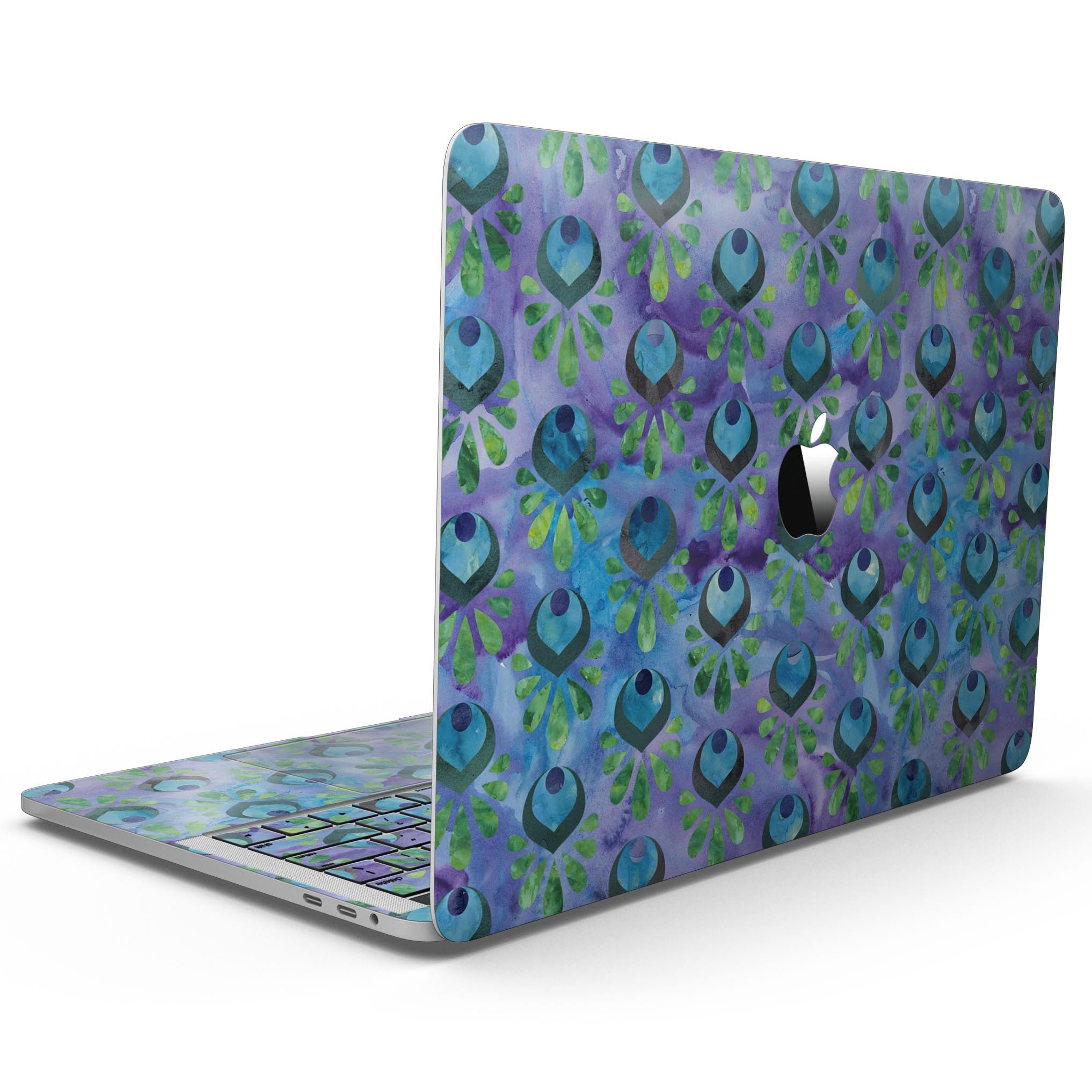 Blue and purple watercolor peacock feathers skin for 13" MacBook Pro without Touch Bar, showcasing vibrant colors and intricate feather patterns.