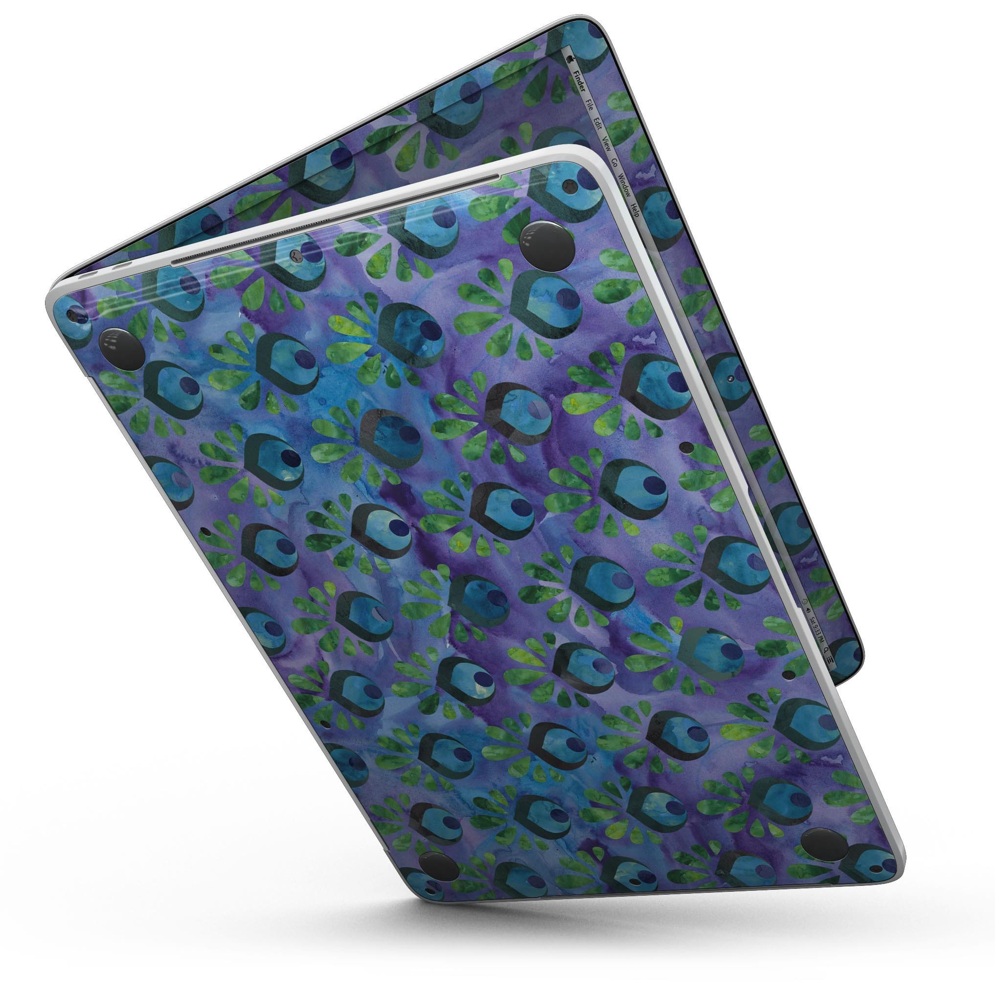 Blue and purple watercolor peacock feathers skin for 13" MacBook Pro without Touch Bar, showcasing vibrant colors and intricate feather patterns.