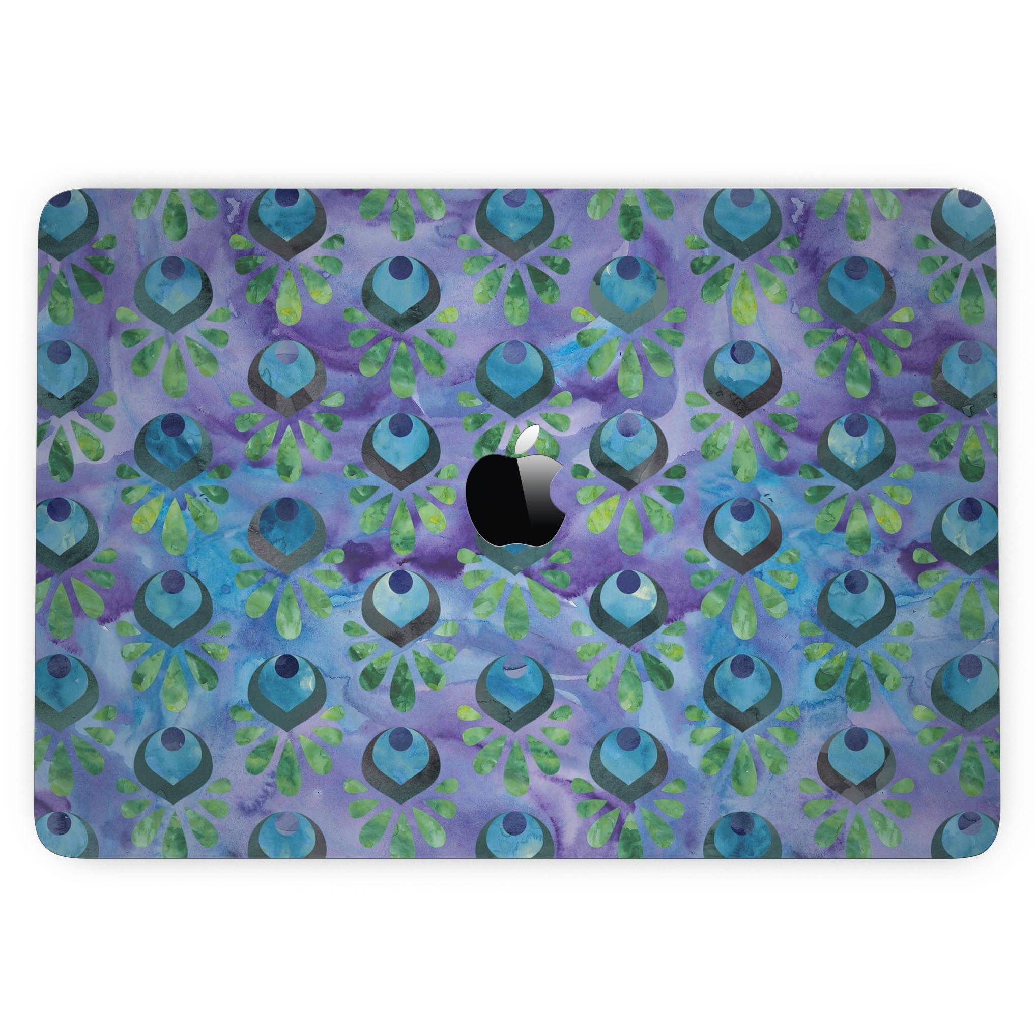 Blue and purple watercolor peacock feathers skin for 13" MacBook Pro without Touch Bar, showcasing vibrant colors and intricate feather patterns.