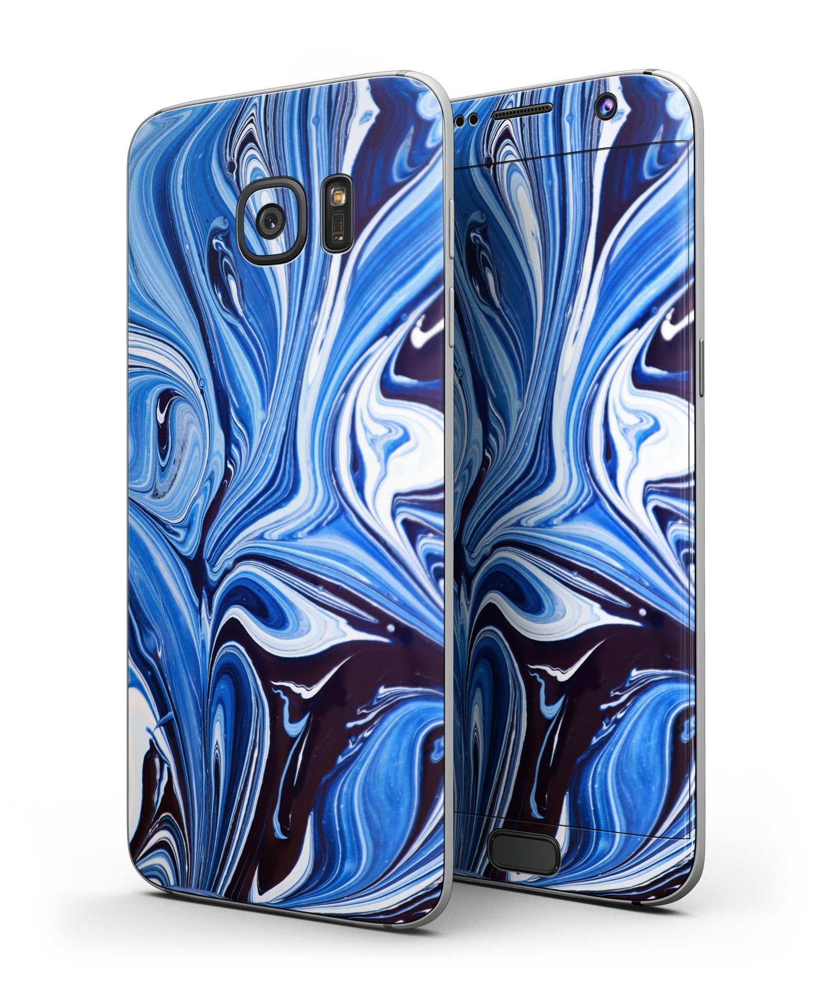 Blue and purple watercolor peacock feathers skin kit for Samsung Galaxy S7 and S7 Edge, showcasing vibrant colors and intricate feather designs.