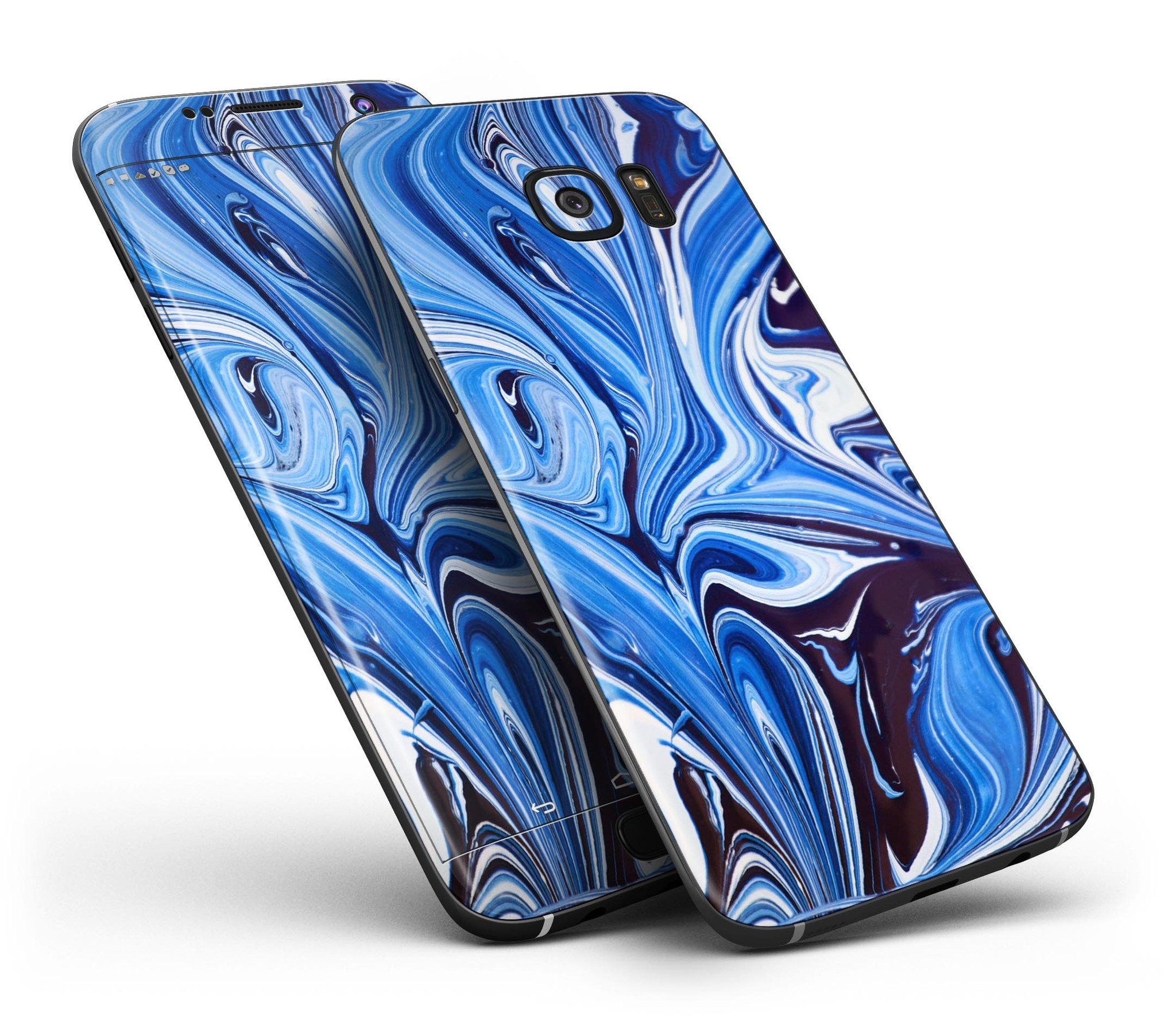 Blue and purple watercolor peacock feathers skin kit for Samsung Galaxy S7 and S7 Edge, showcasing vibrant colors and intricate feather designs.