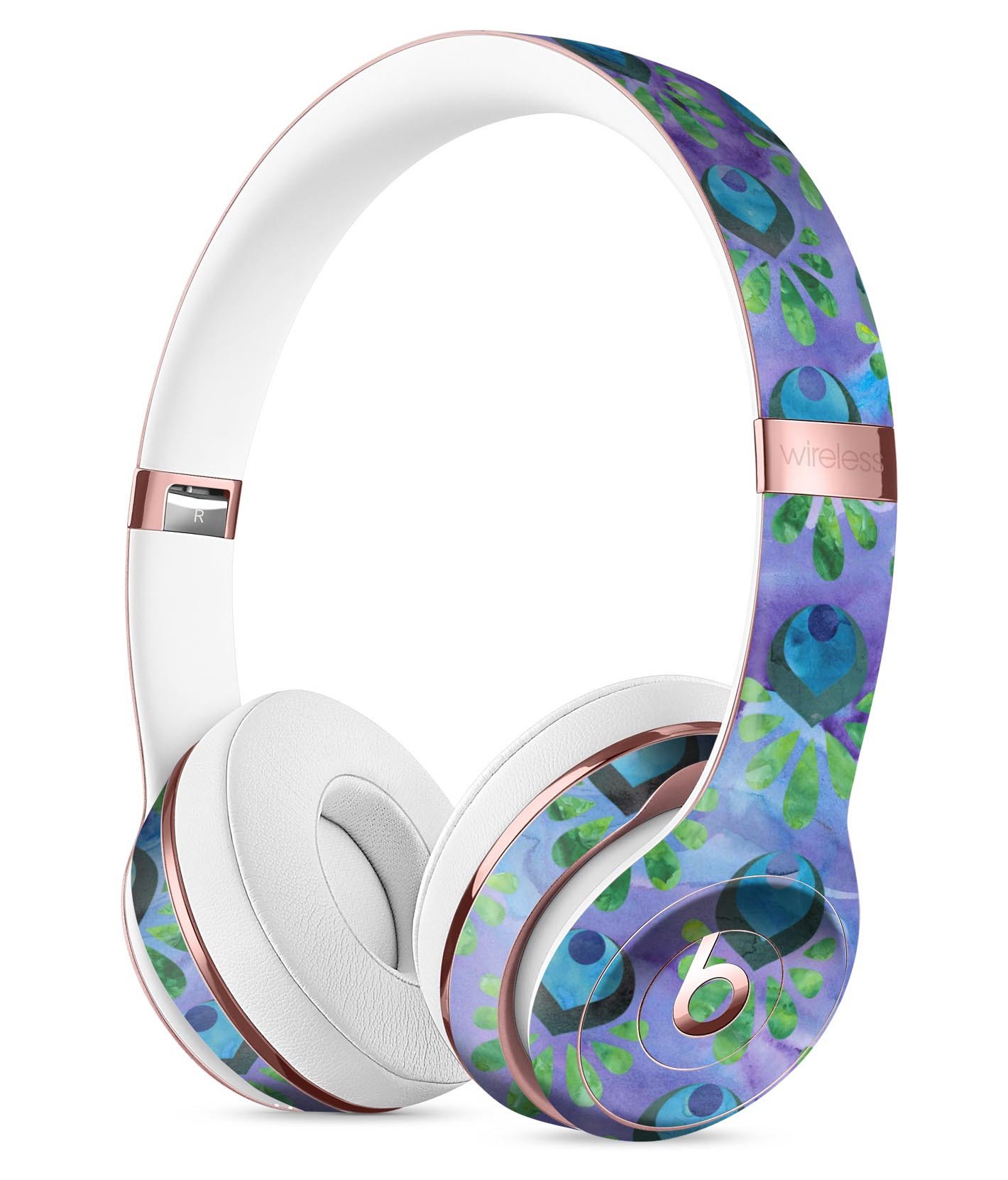 Blue and purple watercolor peacock feathers skin kit for Beats by Dre Solo 3 Wireless Headphones, showcasing vibrant colors and intricate design.