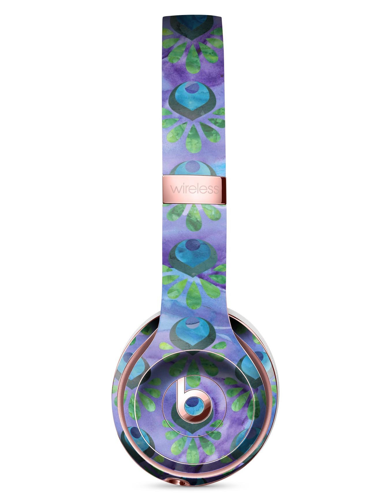 Blue and purple watercolor peacock feathers skin kit for Beats by Dre Solo 3 Wireless Headphones, showcasing vibrant colors and intricate design.