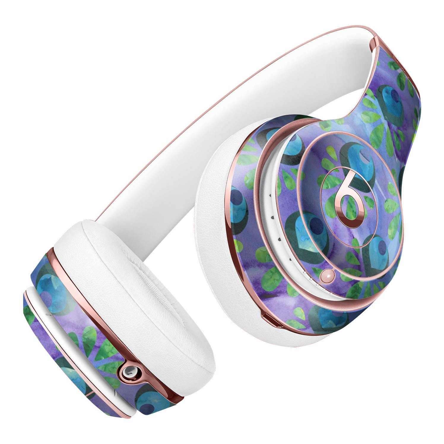 Blue and purple watercolor peacock feathers skin kit for Beats by Dre Solo 3 Wireless Headphones, showcasing vibrant colors and intricate design.