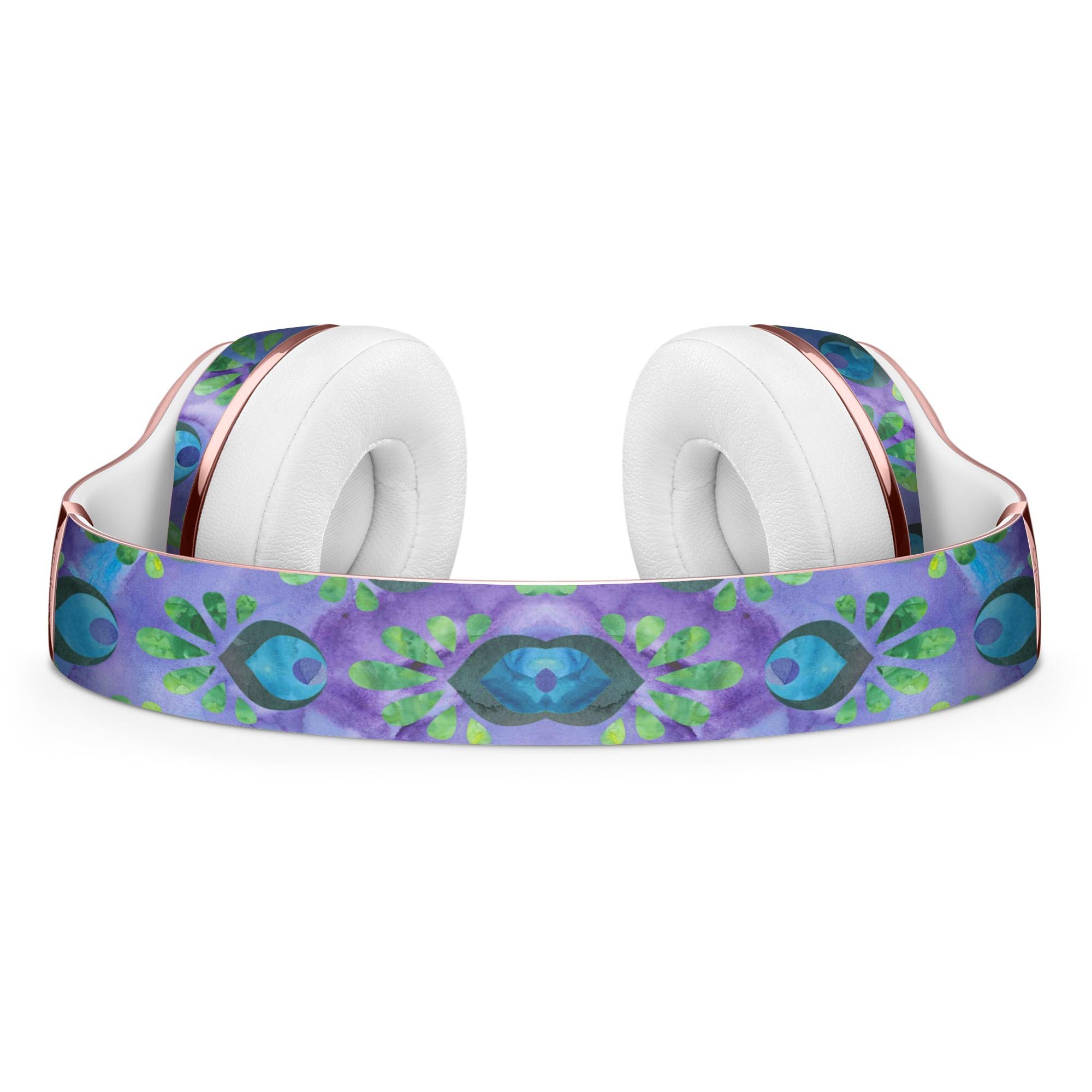 Blue and purple watercolor peacock feathers skin kit for Beats by Dre Solo 3 Wireless Headphones, showcasing vibrant colors and intricate design.