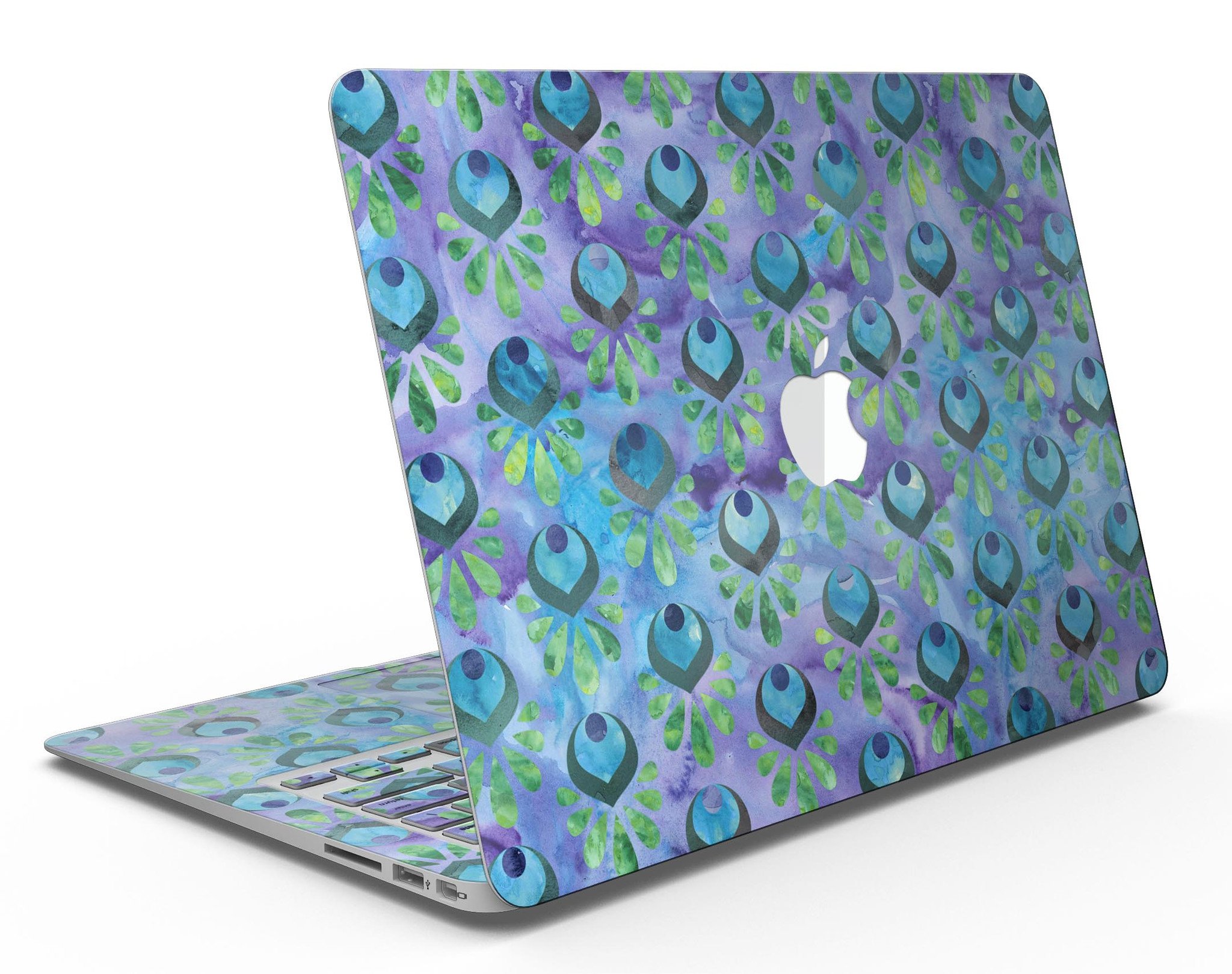 Blue and purple watercolor peacock feathers skin for MacBook Air, showcasing vibrant colors and intricate feather patterns.