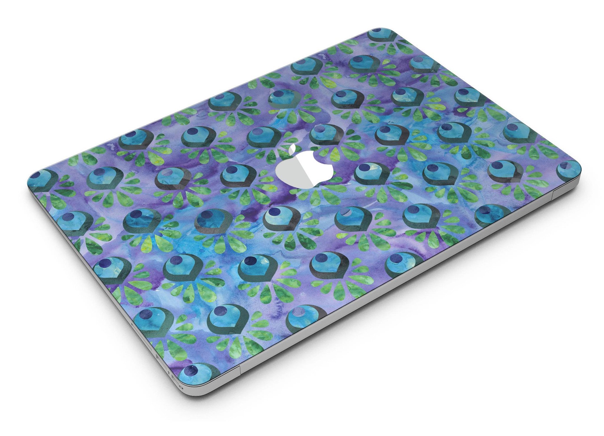 Blue and purple watercolor peacock feathers skin for MacBook Air, showcasing vibrant colors and intricate feather patterns.