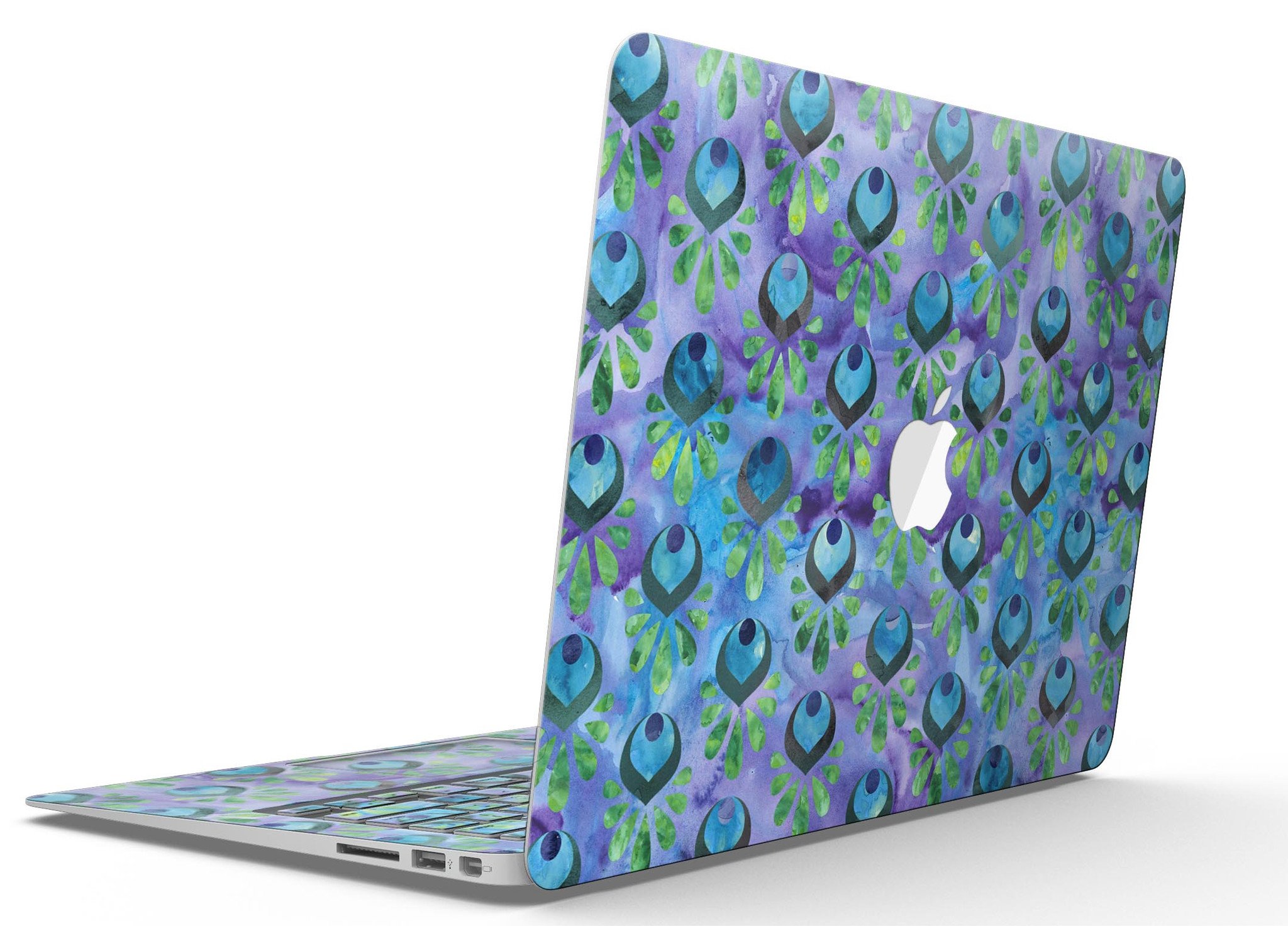 Blue and purple watercolor peacock feathers skin for MacBook Air, showcasing vibrant colors and intricate feather patterns.