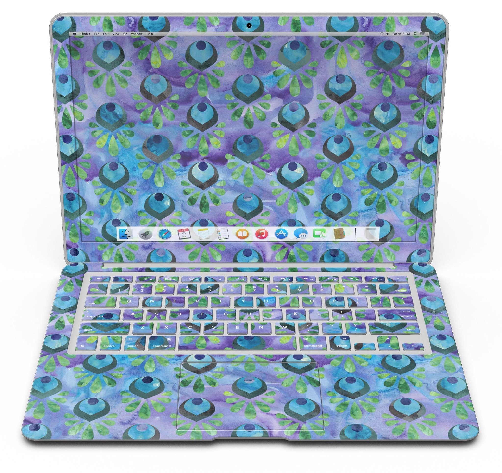 Blue and purple watercolor peacock feathers skin for MacBook Air, showcasing vibrant colors and intricate feather patterns.