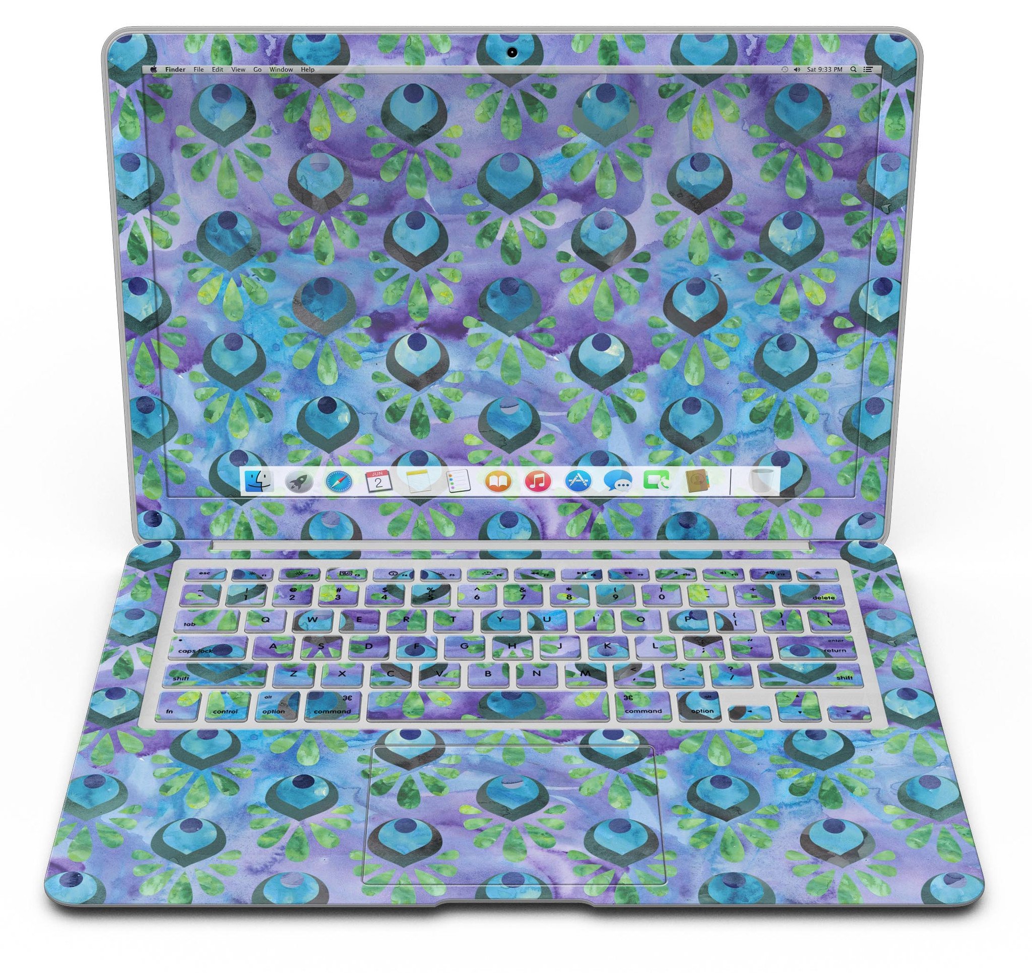 Blue and purple watercolor peacock feathers skin for MacBook Air, showcasing vibrant colors and intricate feather patterns.