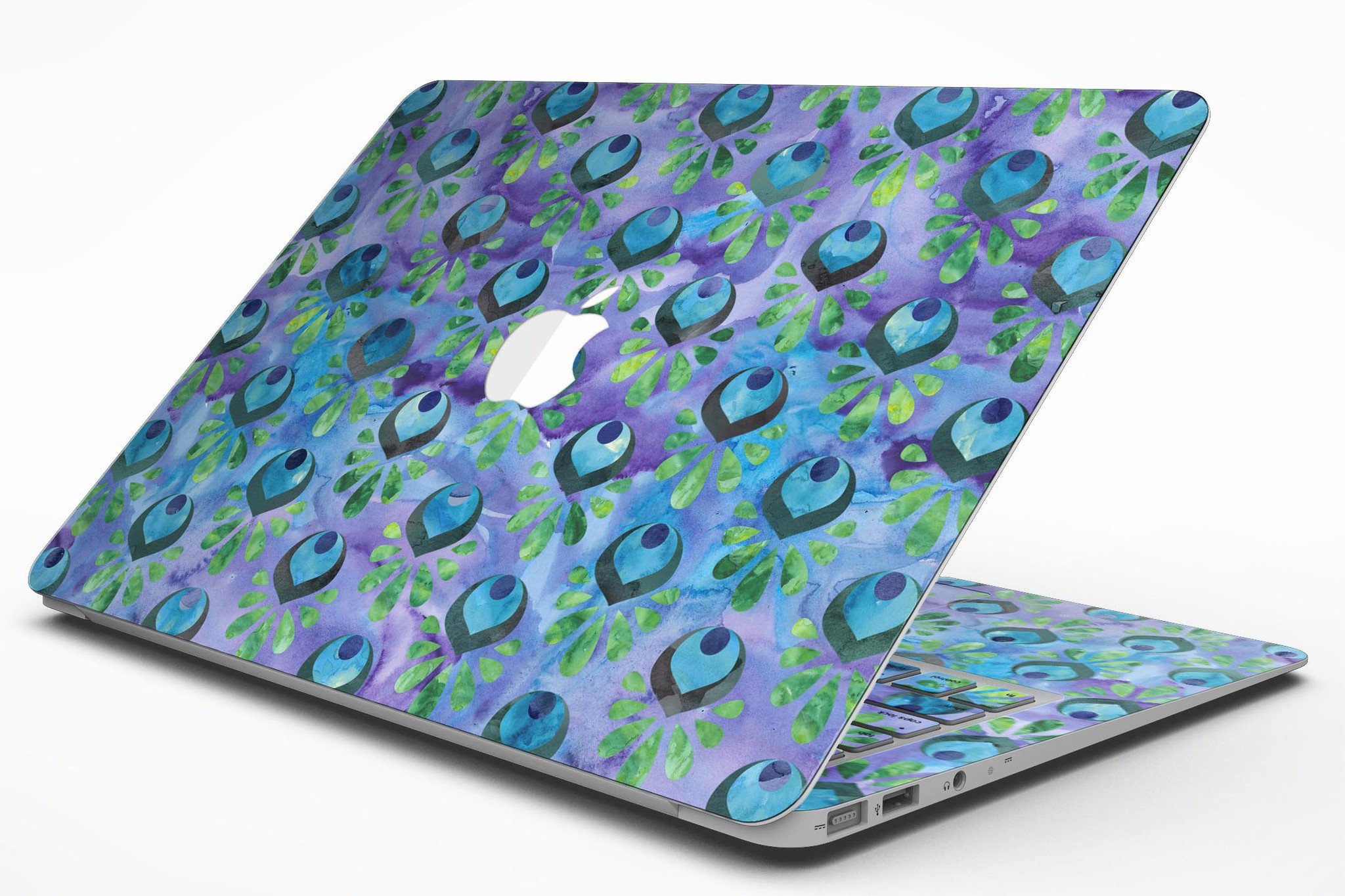 Blue and purple watercolor peacock feathers skin for MacBook Air, showcasing vibrant colors and intricate feather patterns.