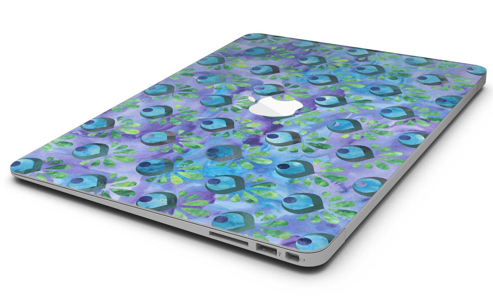 Blue and purple watercolor peacock feathers skin for MacBook Air, showcasing vibrant colors and intricate feather patterns.