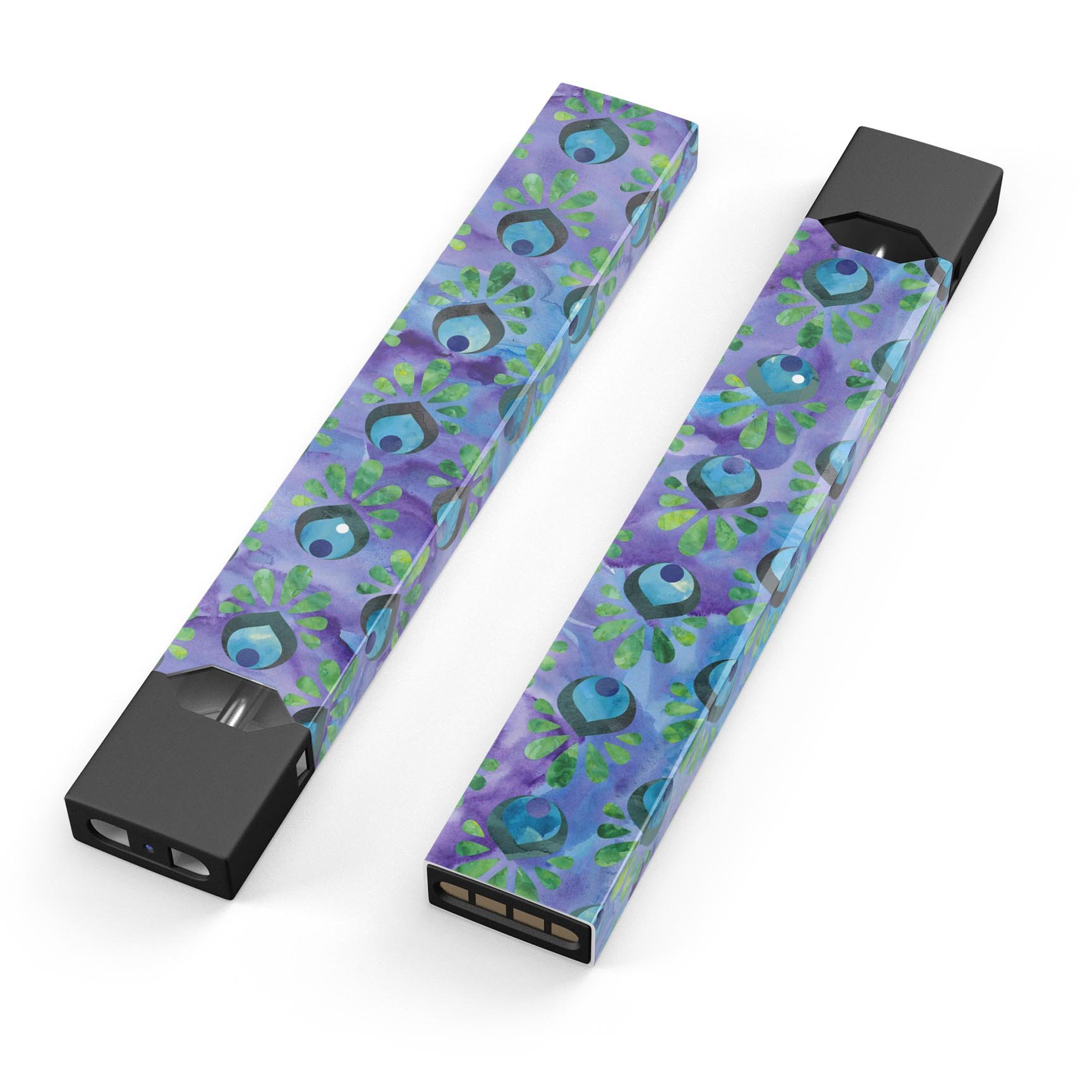 Blue and purple watercolor peacock feathers decal for JUUL vaping device, showcasing vibrant colors and intricate design.