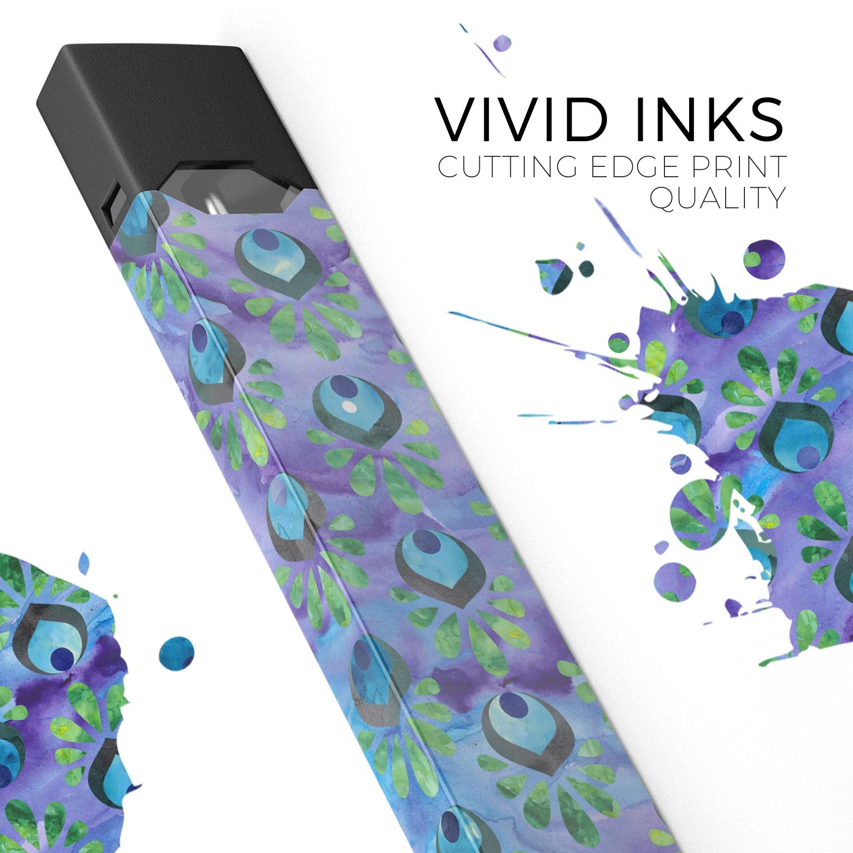 Blue and purple watercolor peacock feathers decal for JUUL vaping device, showcasing vibrant colors and intricate design.