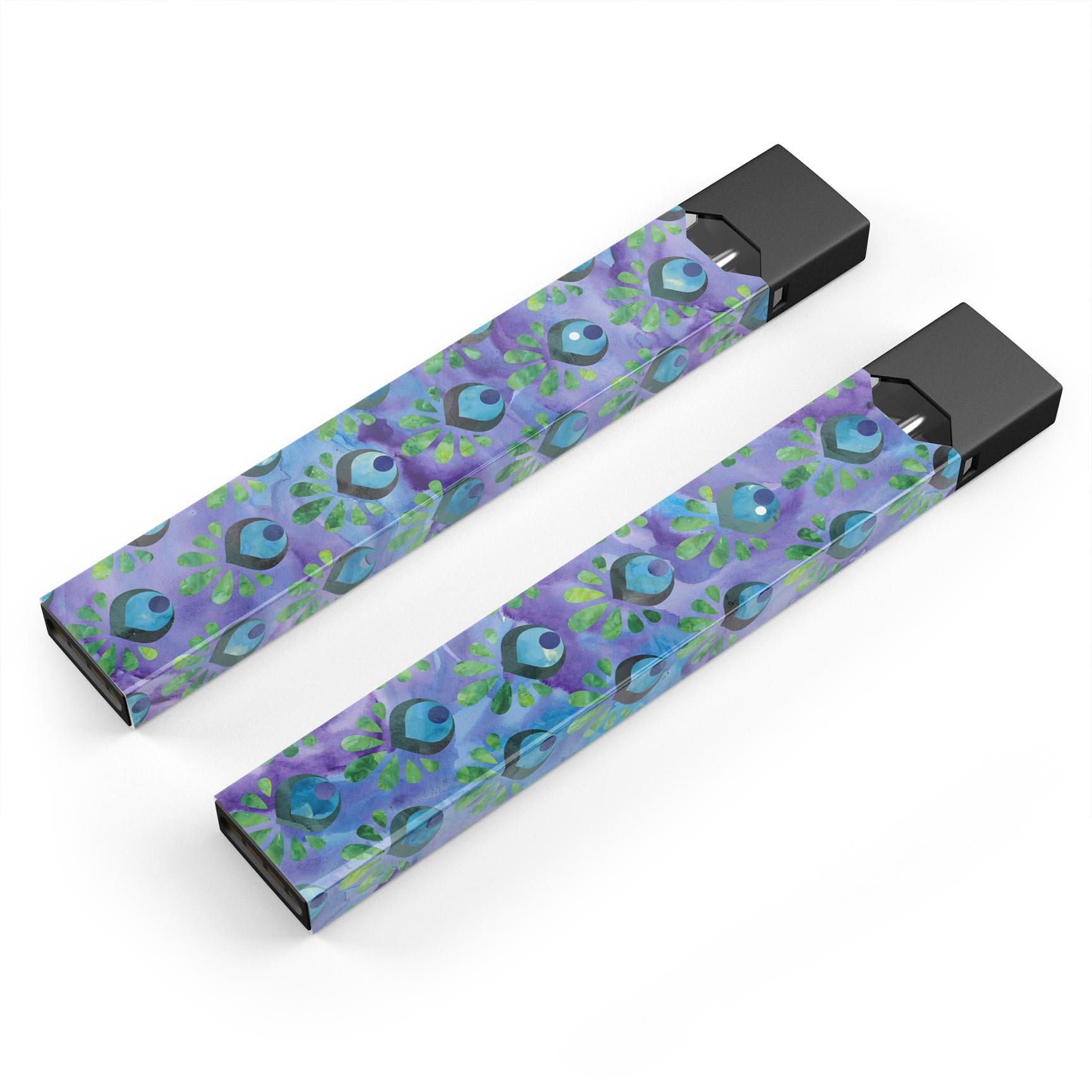 Blue and purple watercolor peacock feathers decal for JUUL vaping device, showcasing vibrant colors and intricate design.