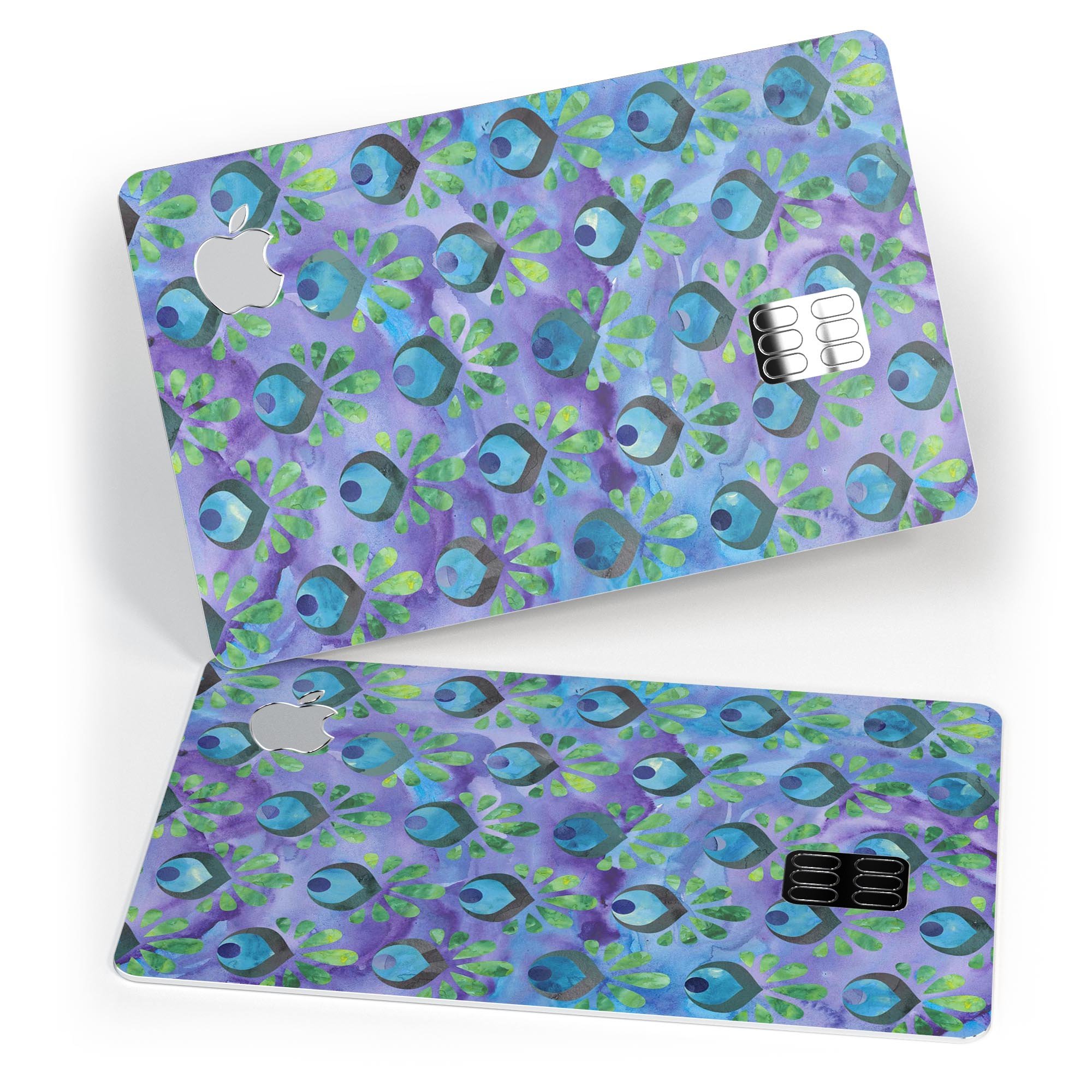 Blue and purple watercolor peacock feathers design on a premium protective decal for Apple Card.