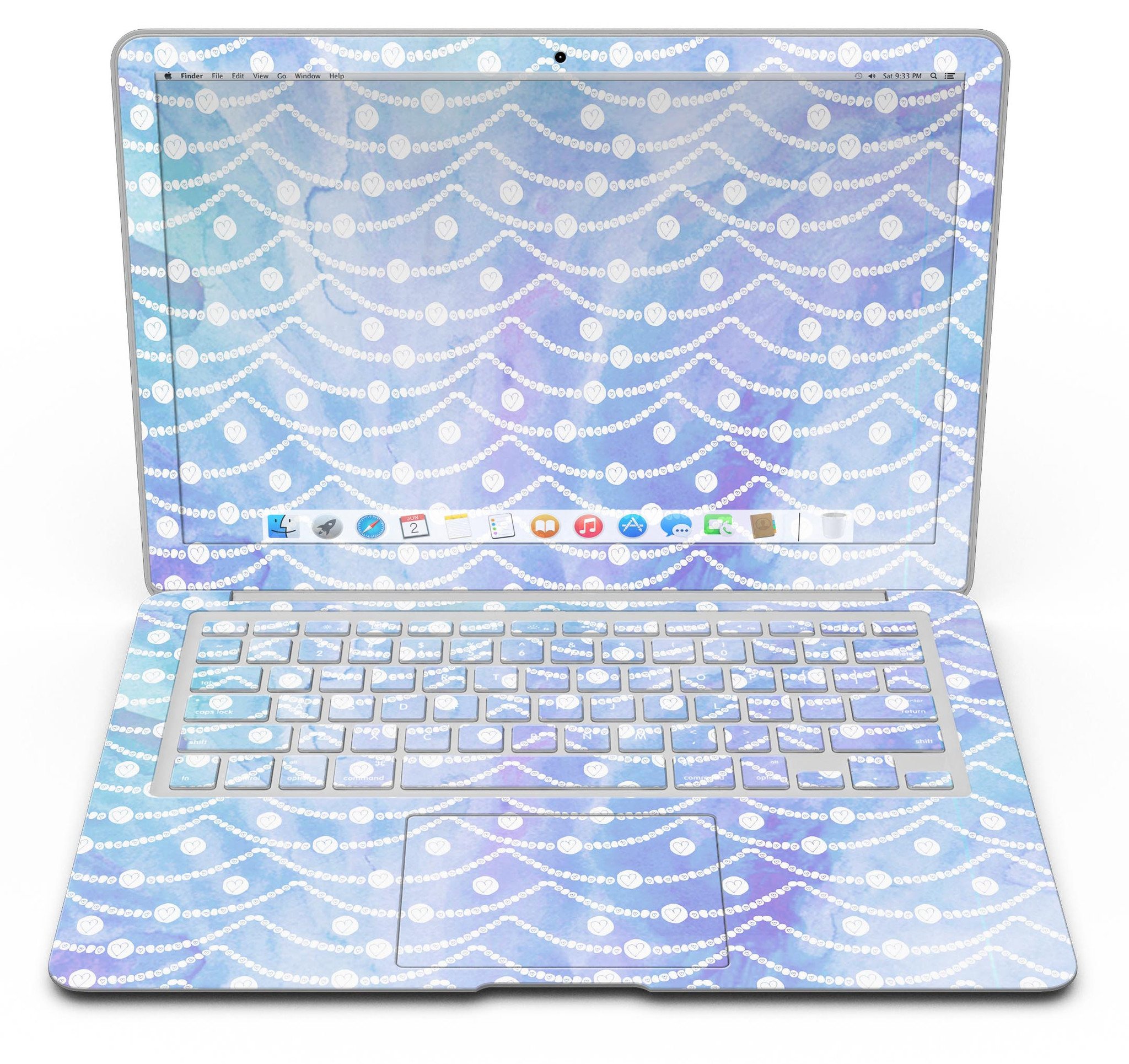 Blue and purple watercolor waves skin kit for MacBook Air, showcasing vibrant colors and artistic design.