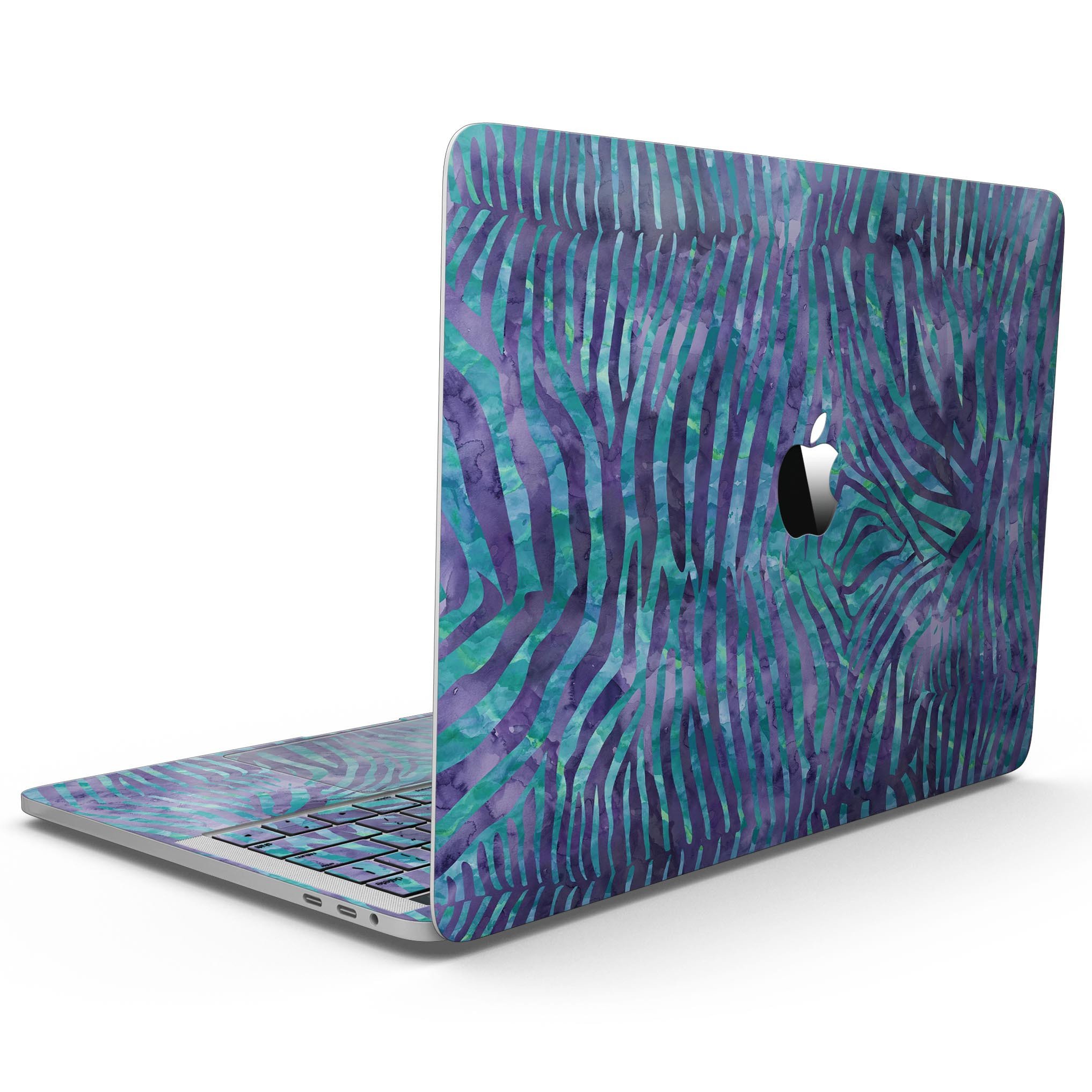 Blue and Purple Watercolor Zebra Pattern skin for 13" MacBook Pro without Touch Bar, showcasing vibrant colors and unique design.