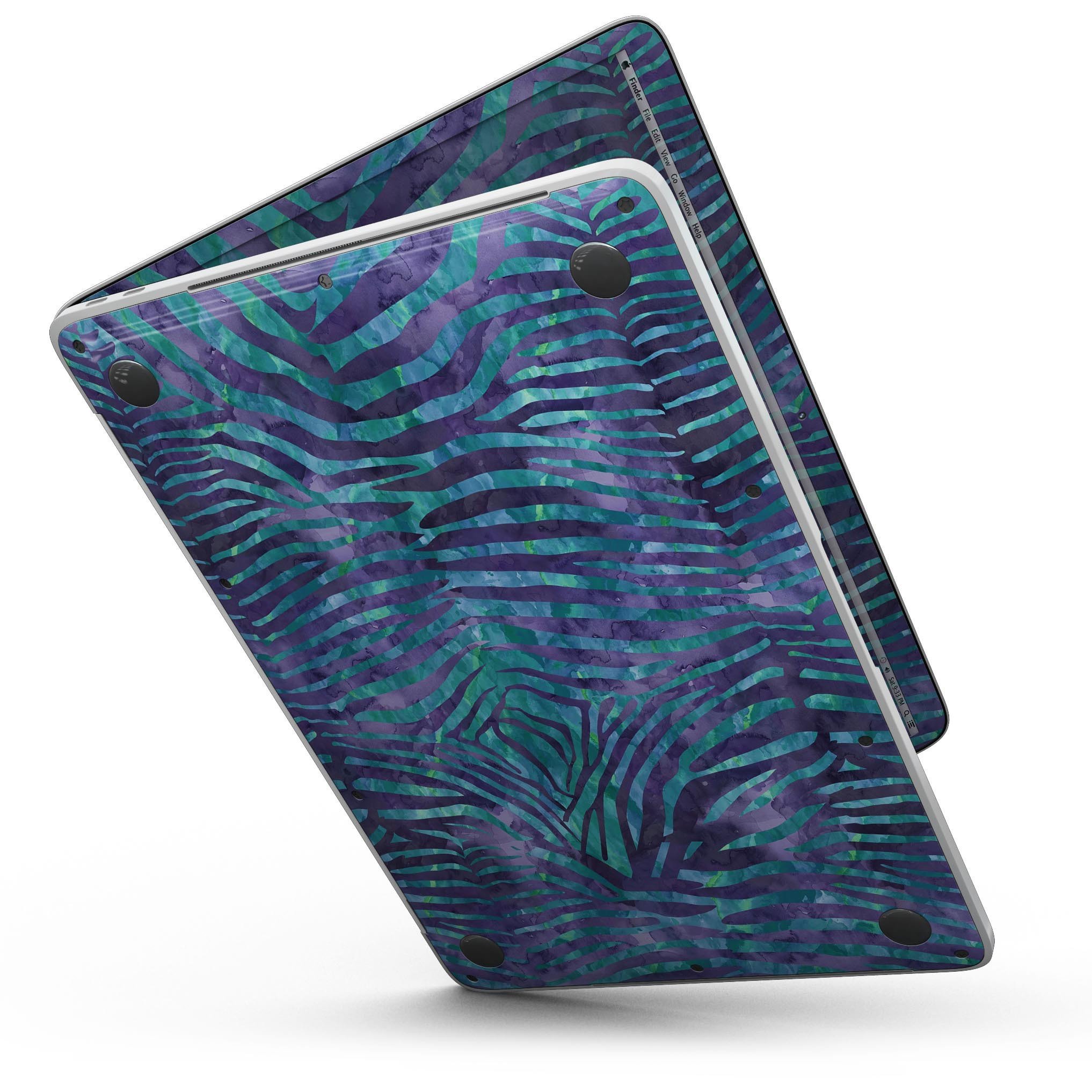 Blue and Purple Watercolor Zebra Pattern skin for 13" MacBook Pro without Touch Bar, showcasing vibrant colors and unique design.