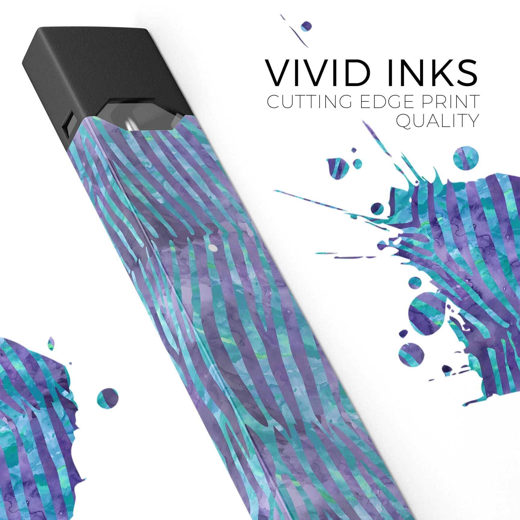 Blue and Purple Watercolor Zebra Pattern decal for JUUL vaping device, showcasing vibrant colors and a stylish design.