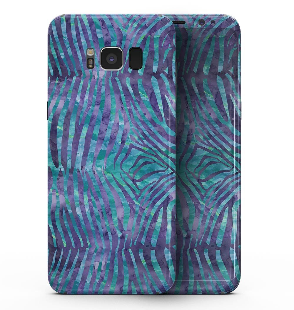 Samsung Galaxy S8 with Blue and Purple Watercolor Zebra Pattern skin, showcasing vibrant colors and sleek design.