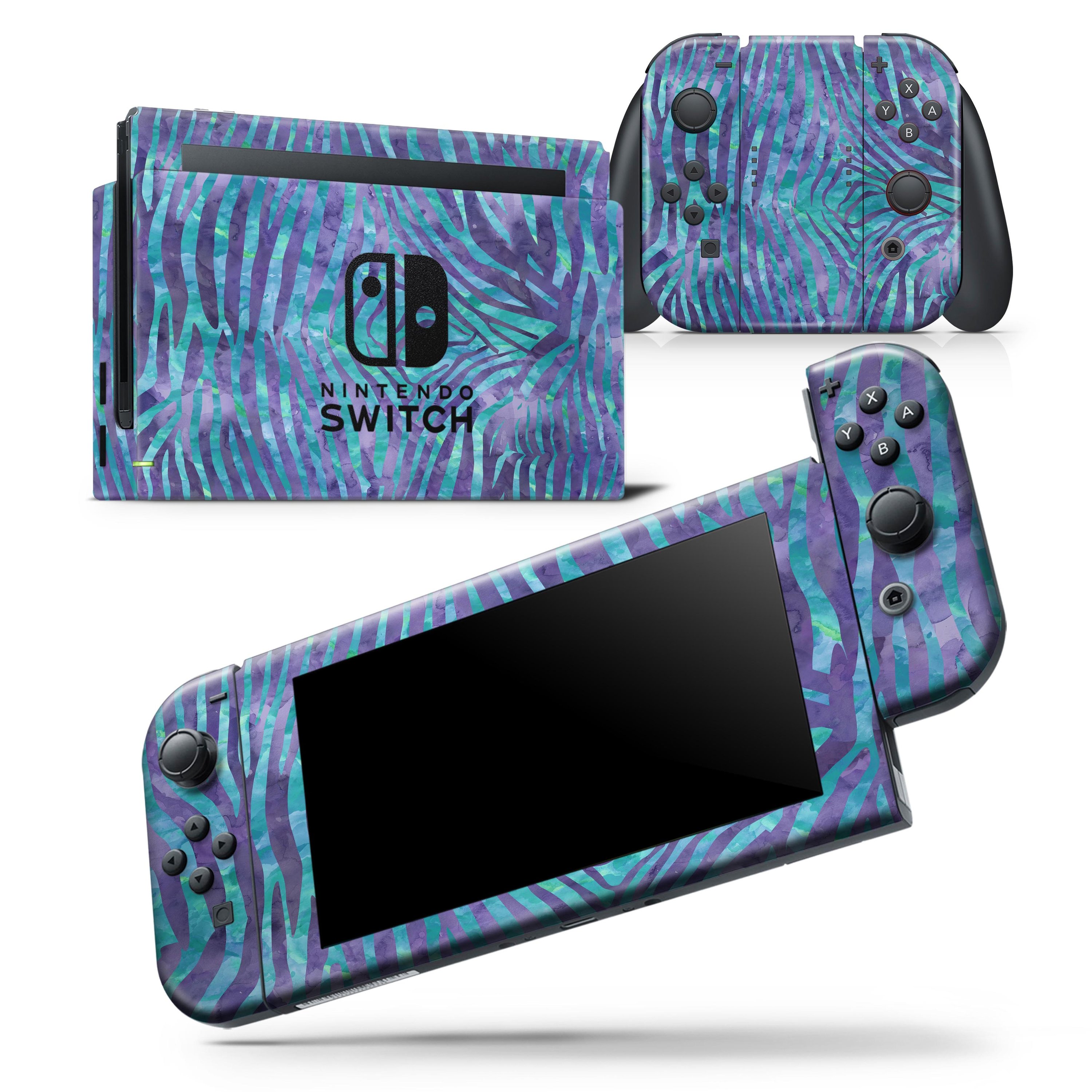 Blue and Purple Watercolor Zebra Pattern skin wrap decal for Nintendo Switch, showcasing vibrant colors and unique design.