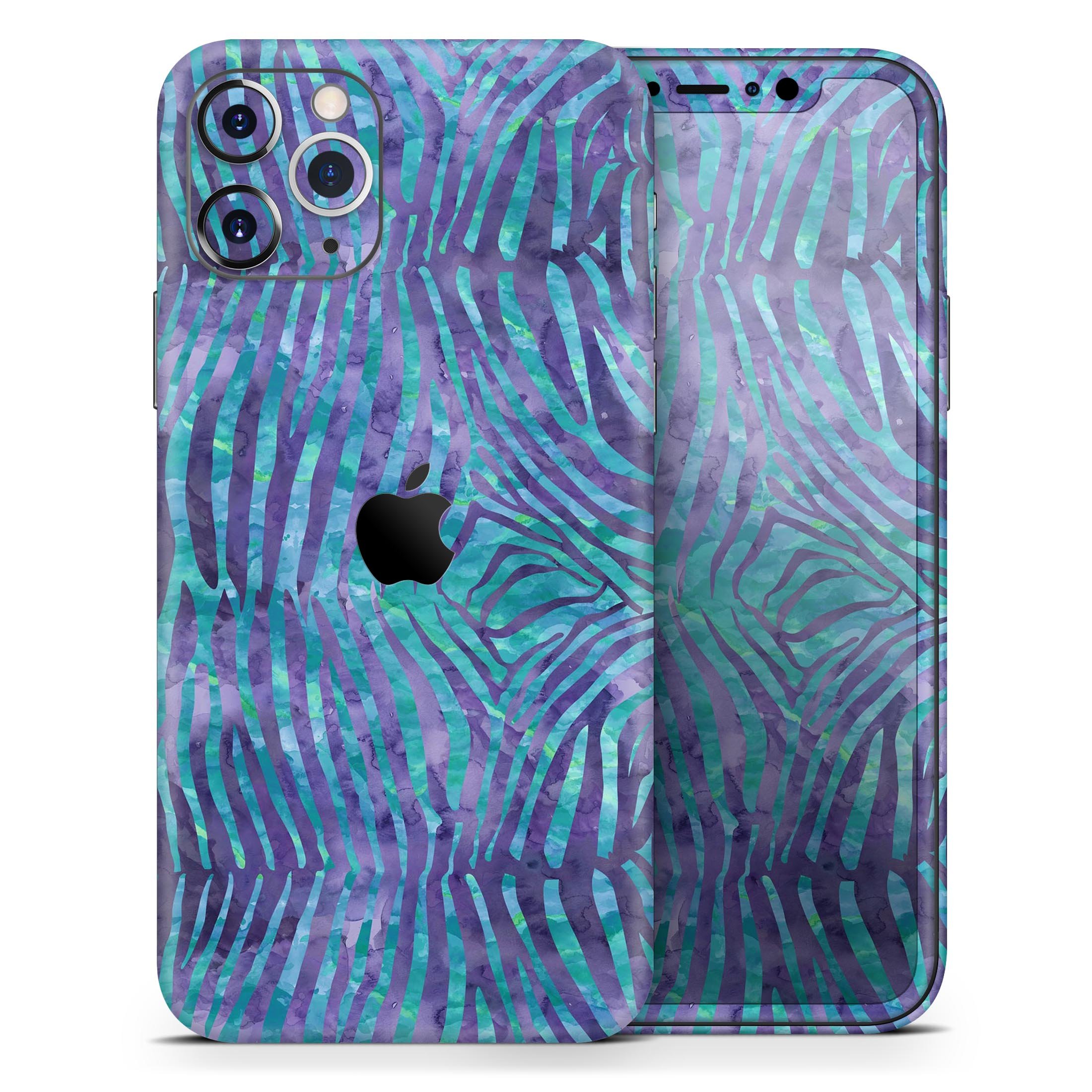 Blue and Purple Watercolor Zebra Pattern Skin-Kit for iPhone, showcasing vibrant colors and unique design.