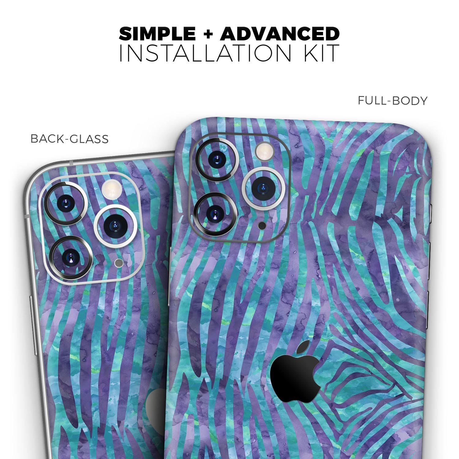 Blue and Purple Watercolor Zebra Pattern Skin-Kit for iPhone, showcasing vibrant colors and unique design.