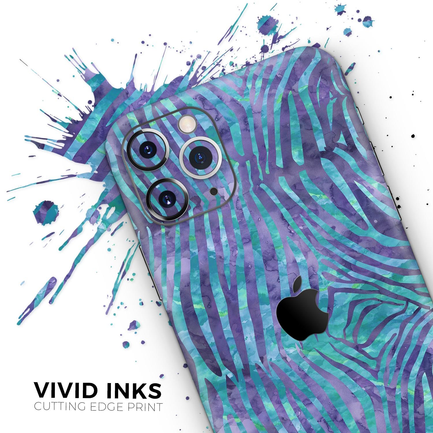 Blue and Purple Watercolor Zebra Pattern Skin-Kit for iPhone, showcasing vibrant colors and unique design.