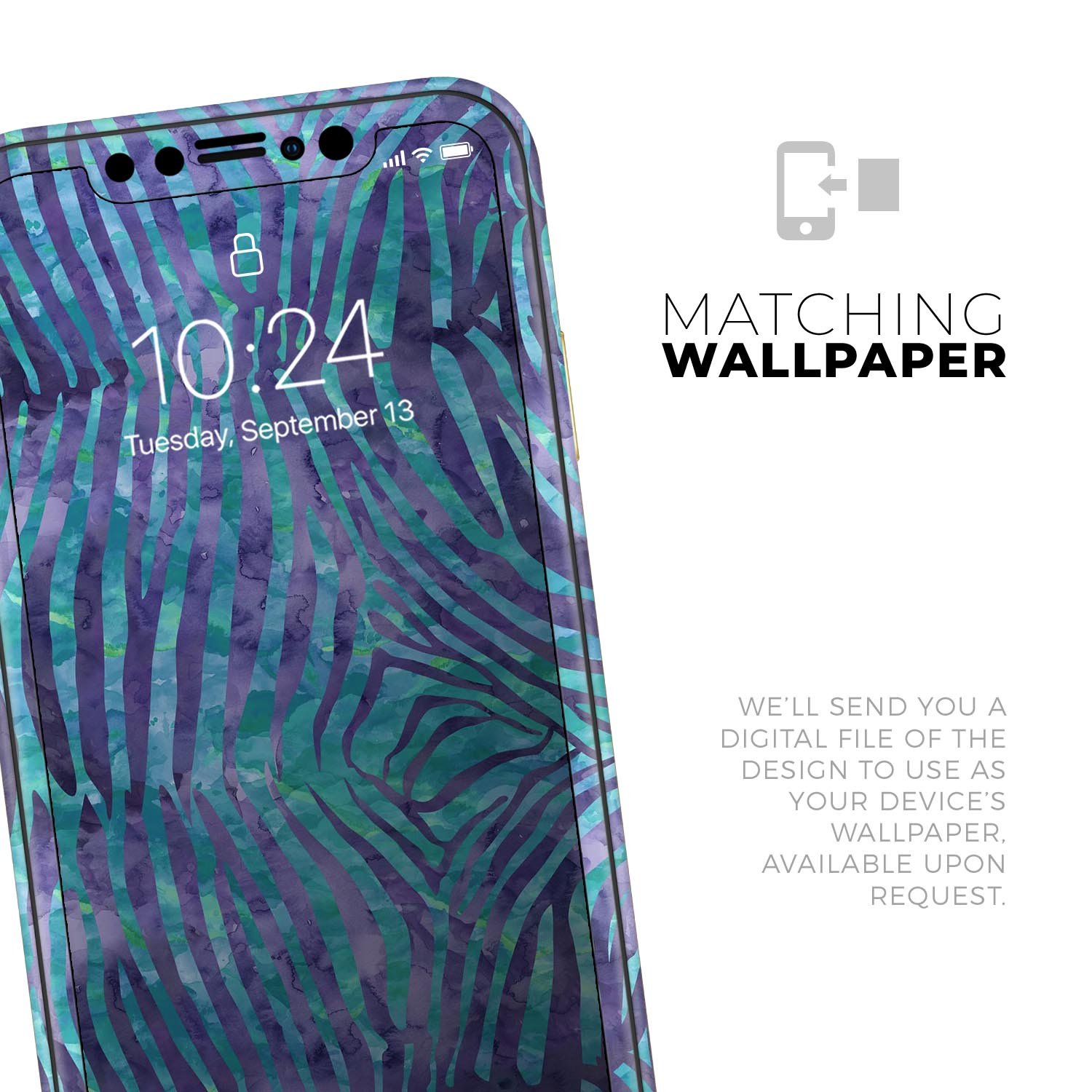 Blue and Purple Watercolor Zebra Pattern Skin-Kit for iPhone, showcasing vibrant colors and unique design.