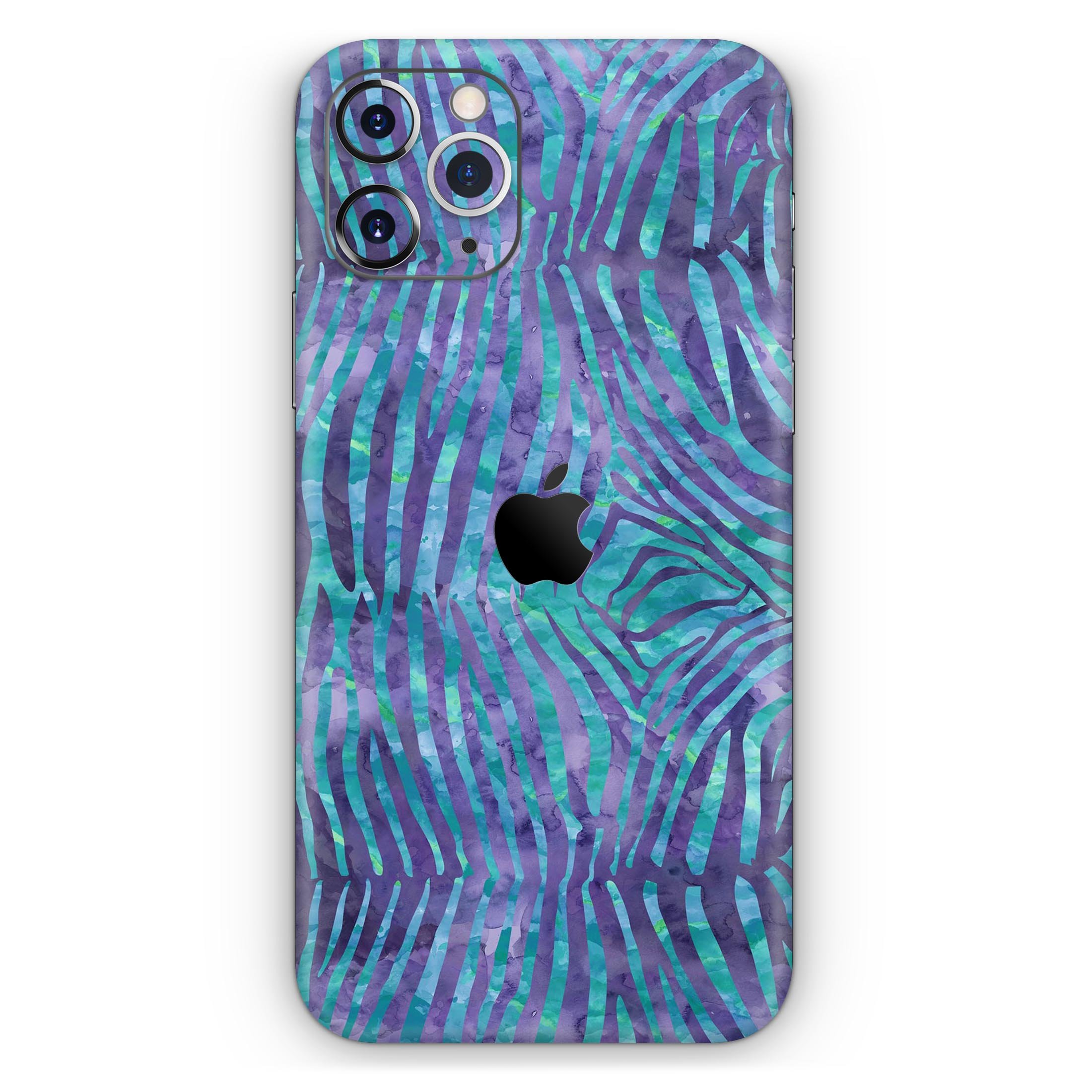 Blue and Purple Watercolor Zebra Pattern Skin-Kit for iPhone, showcasing vibrant colors and unique design.