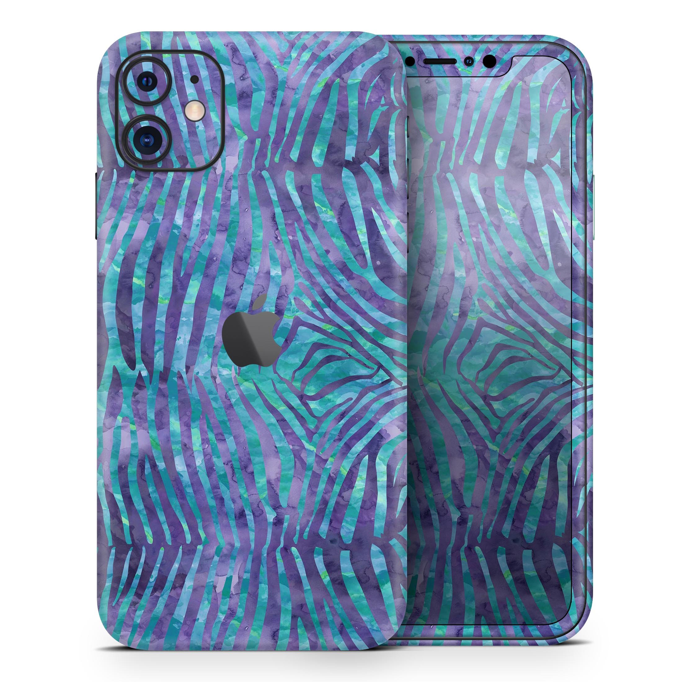 Blue and Purple Watercolor Zebra Pattern Skin-Kit for iPhone, showcasing vibrant colors and unique design.