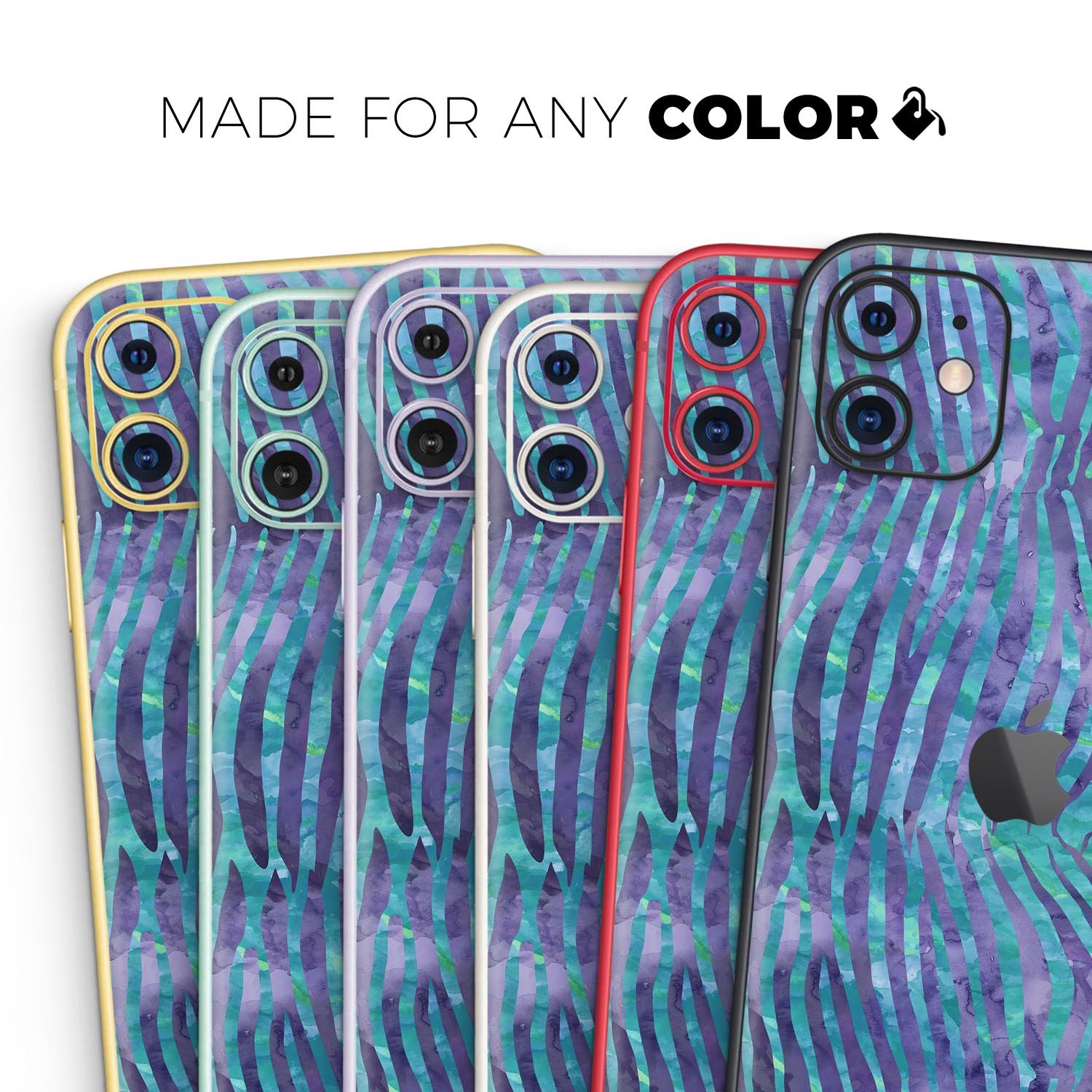 Blue and Purple Watercolor Zebra Pattern Skin-Kit for iPhone, showcasing vibrant colors and unique design.