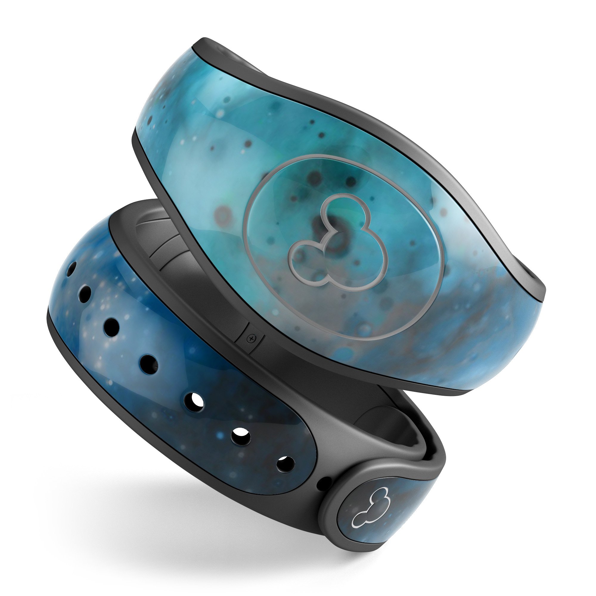 Blue and teal painted universe decal skin wrap kit for Disney Magic Band, showcasing vibrant colors and intricate design.