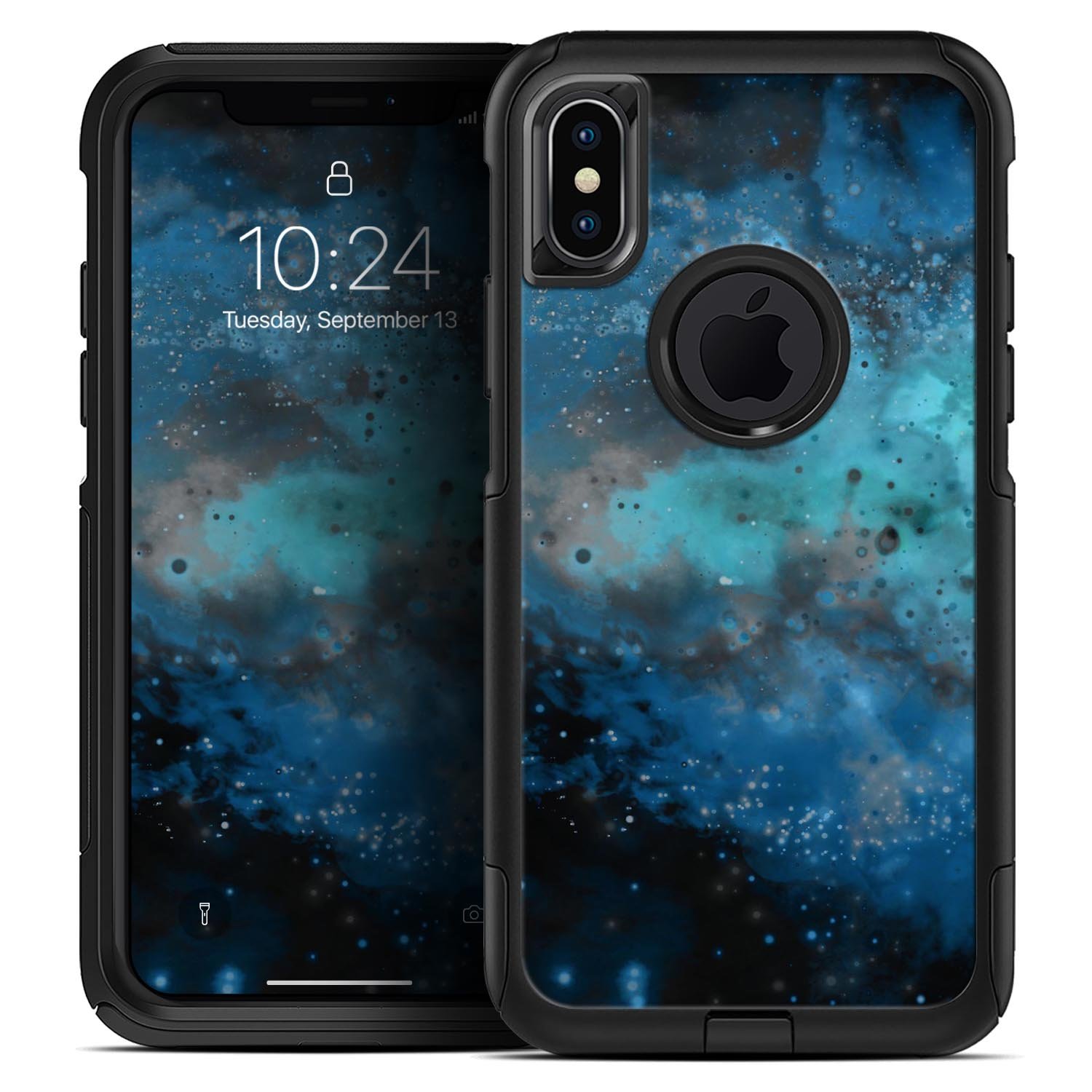 Blue and teal painted universe skin kit for iPhone OtterBox, showcasing vibrant colors and sleek design.