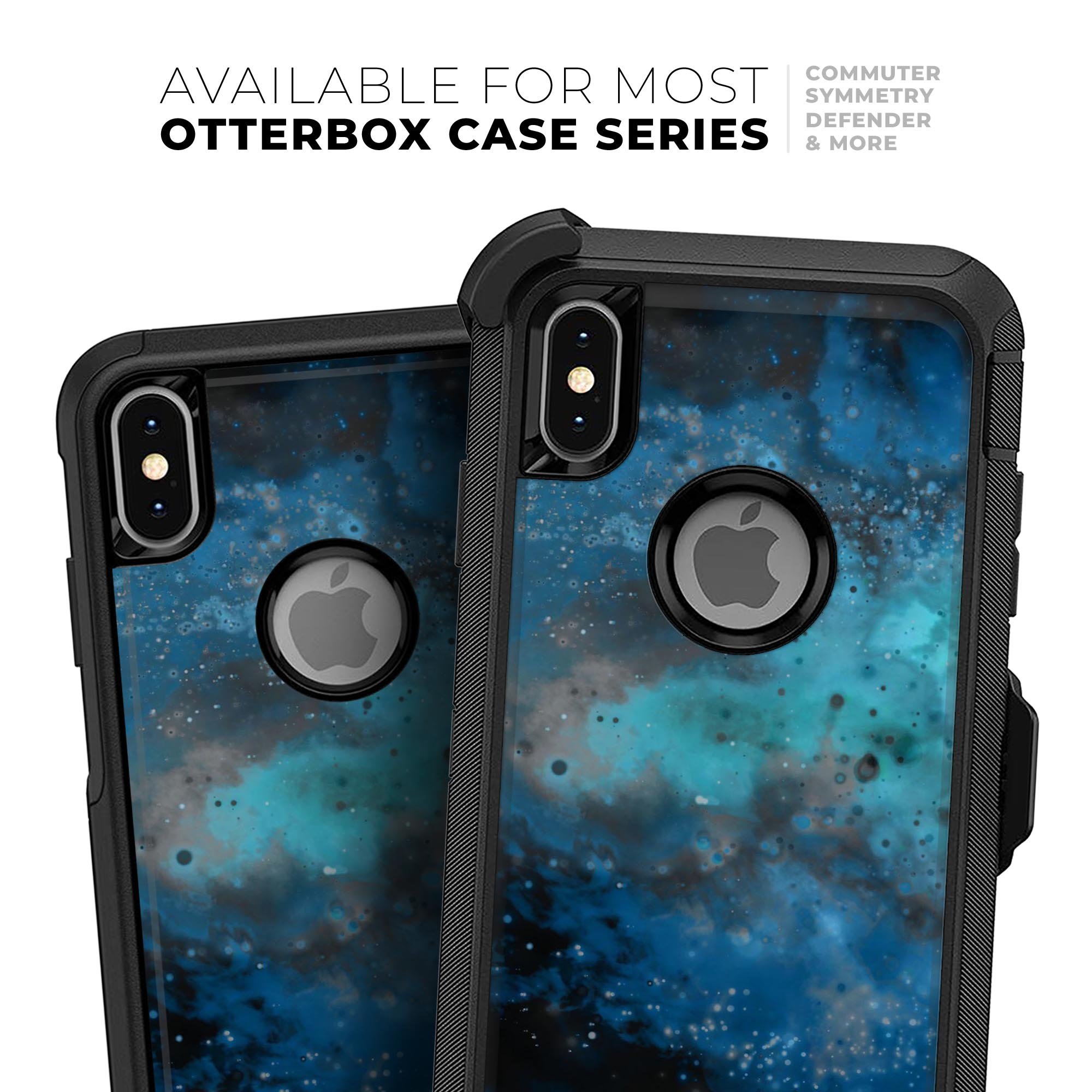 Blue and teal painted universe skin kit for iPhone OtterBox, showcasing vibrant colors and sleek design.