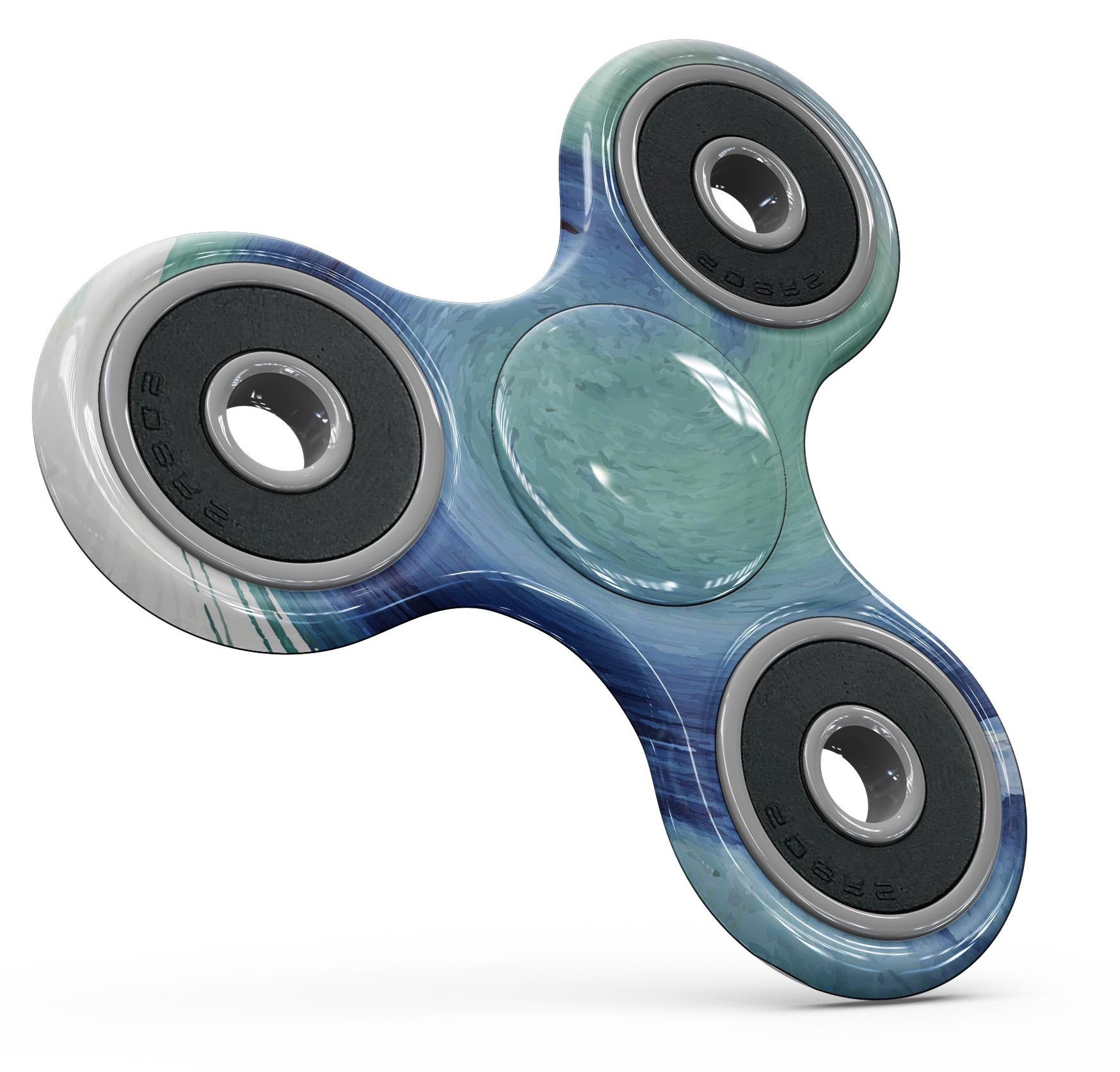 Blue and teal watercolor swirl fidget spinner skin kit showcasing vibrant colors and premium vinyl material.