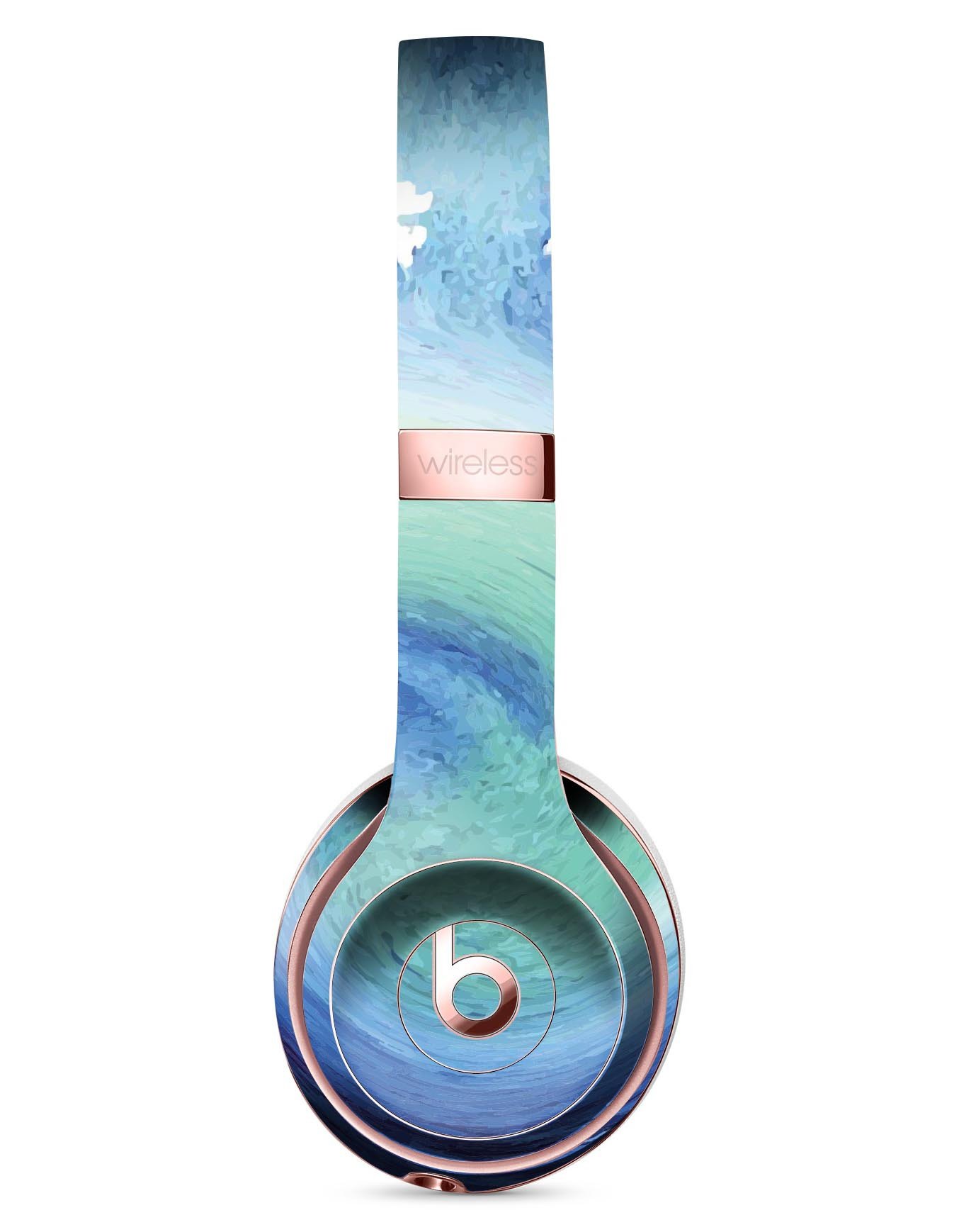 Blue and teal watercolor swirl skin kit for Beats by Dre Solo 3 Wireless Headphones, showcasing vibrant colors and a sleek design.