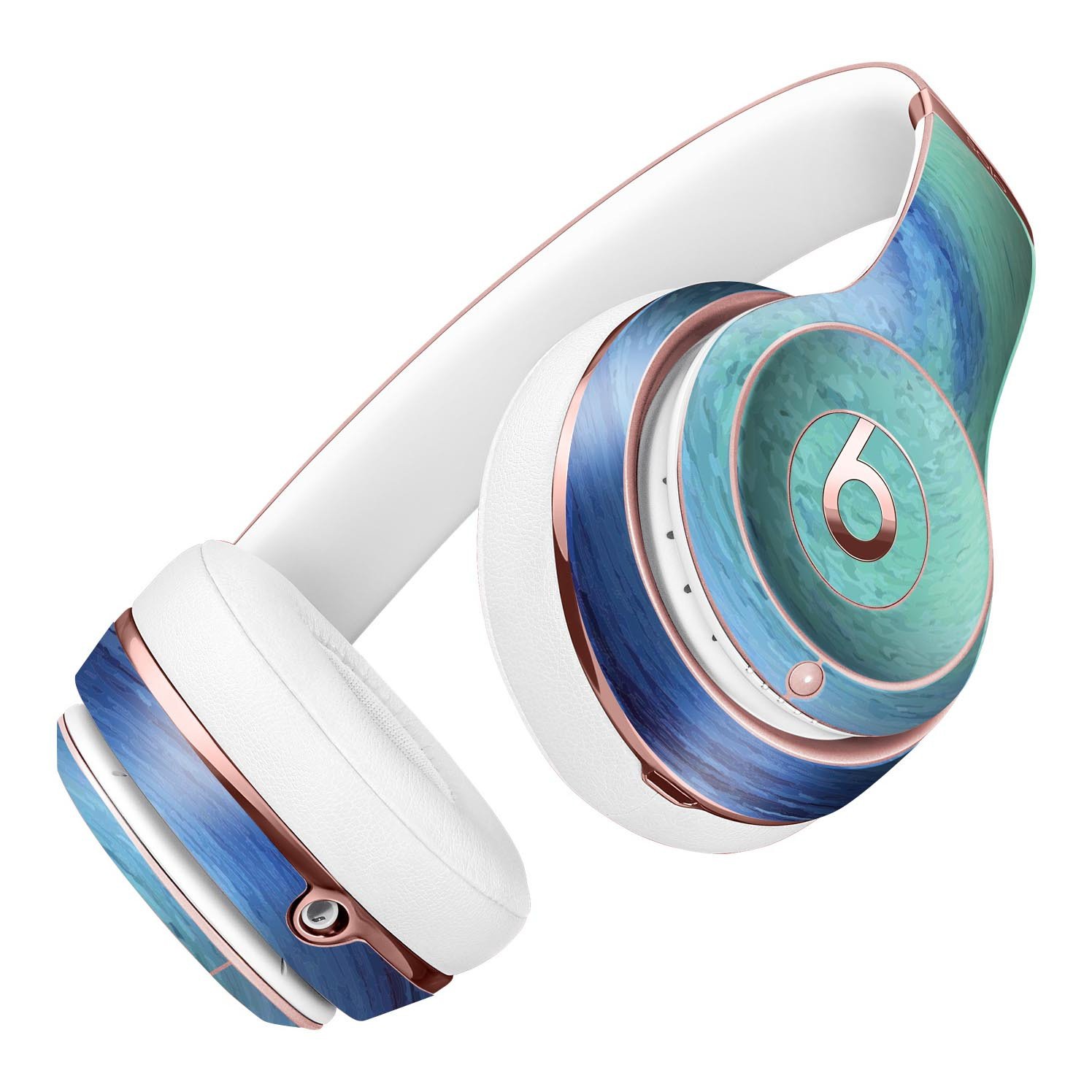 Blue and teal watercolor swirl skin kit for Beats by Dre Solo 3 Wireless Headphones, showcasing vibrant colors and a sleek design.