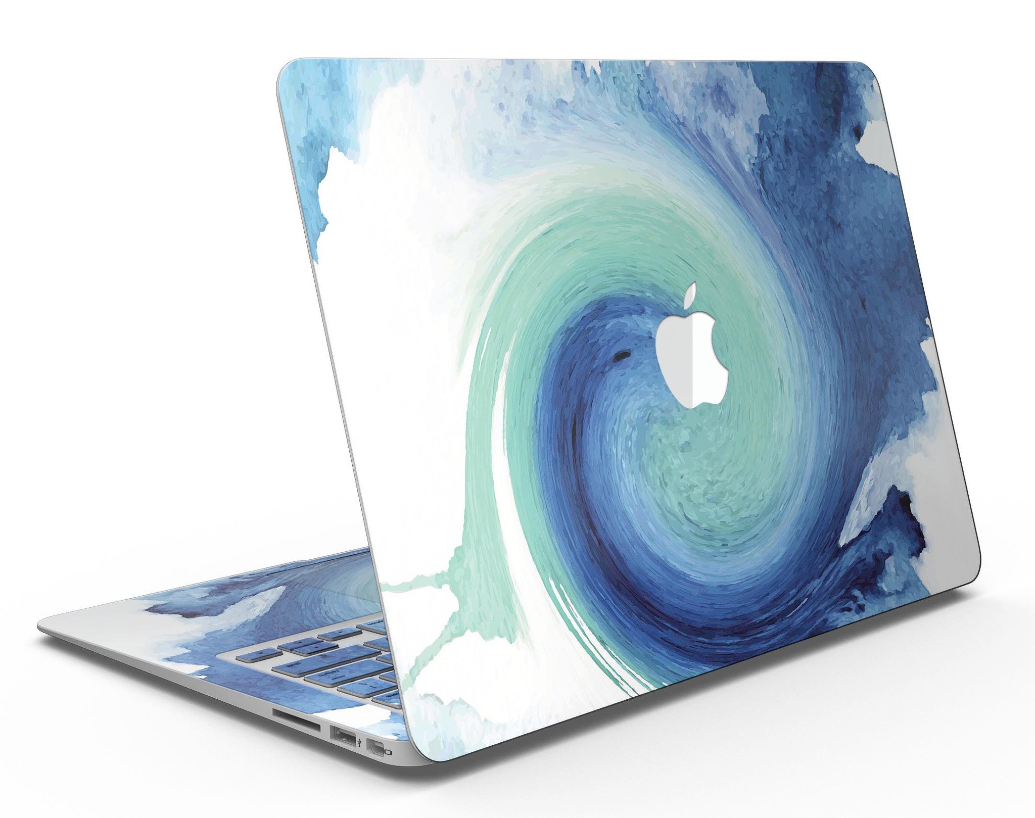 Blue and teal watercolor swirl skin for MacBook Air, showcasing vibrant colors and artistic design.