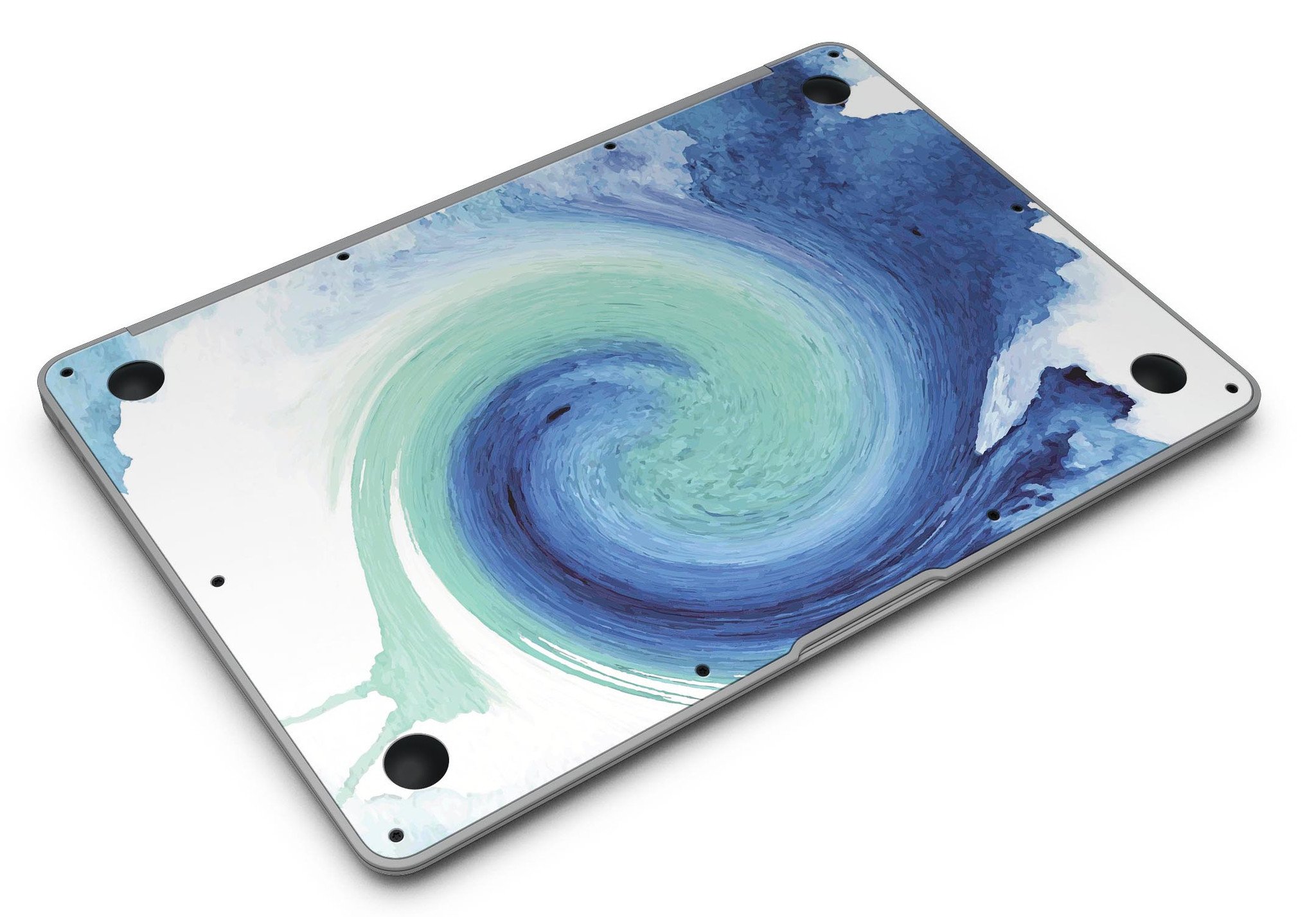 Blue and teal watercolor swirl skin for MacBook Air, showcasing vibrant colors and artistic design.