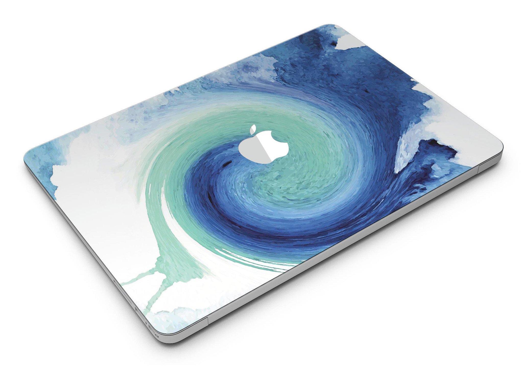 Blue and teal watercolor swirl skin for MacBook Air, showcasing vibrant colors and artistic design.