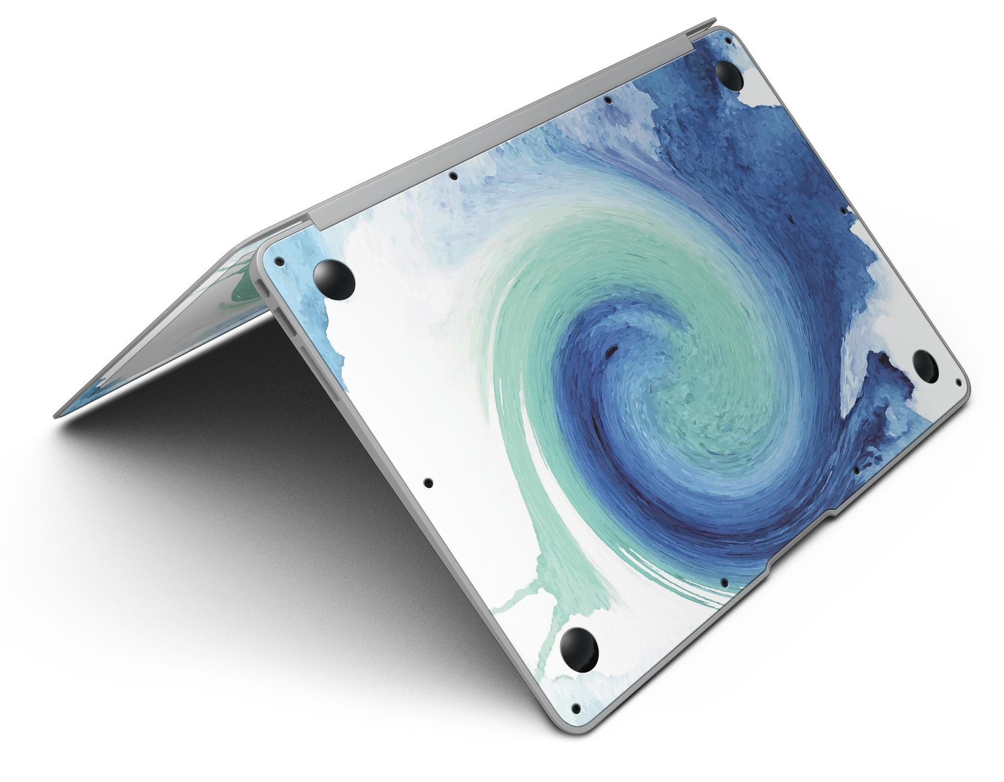 Blue and teal watercolor swirl skin for MacBook Air, showcasing vibrant colors and artistic design.