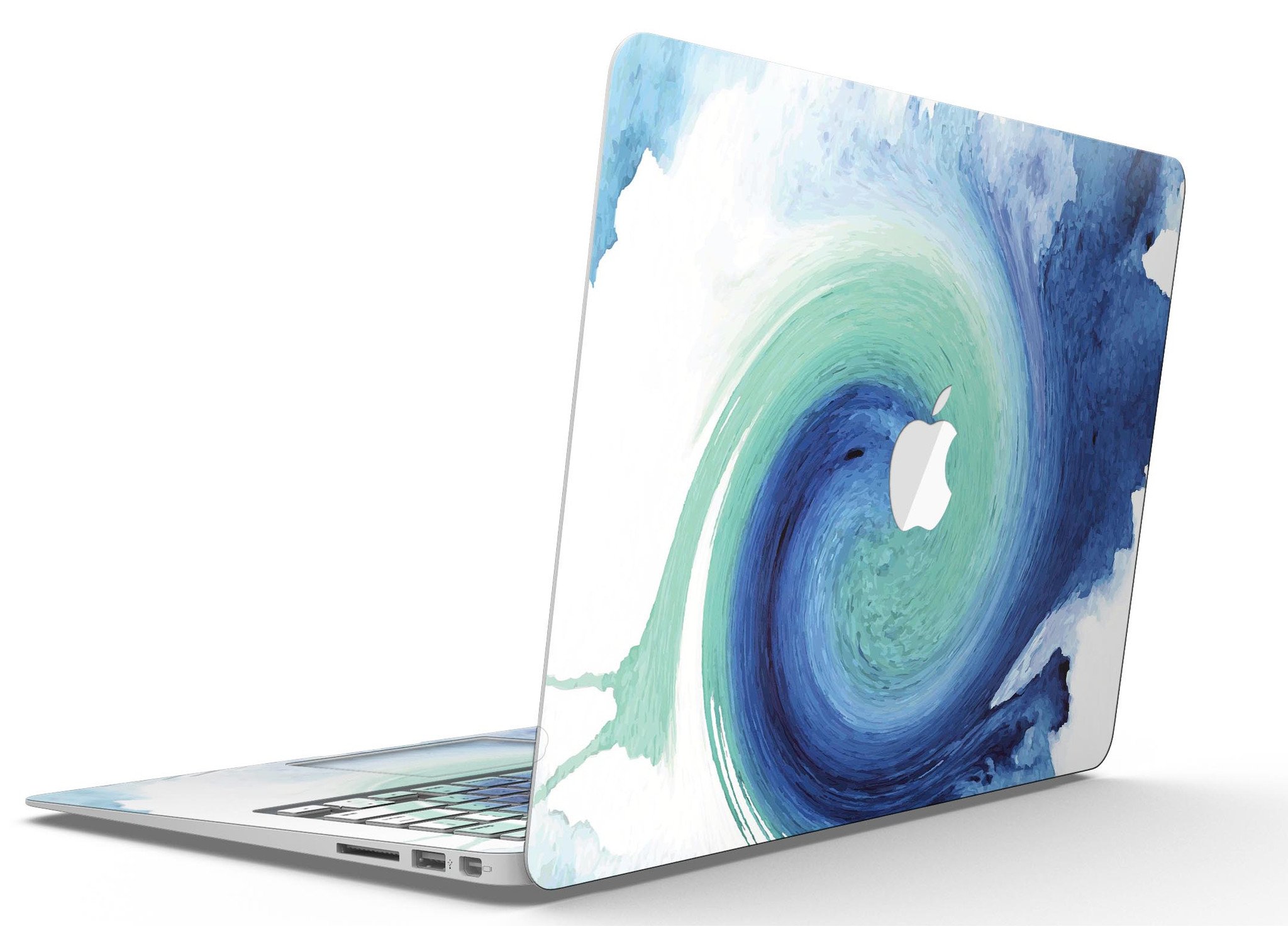 Blue and teal watercolor swirl skin for MacBook Air, showcasing vibrant colors and artistic design.