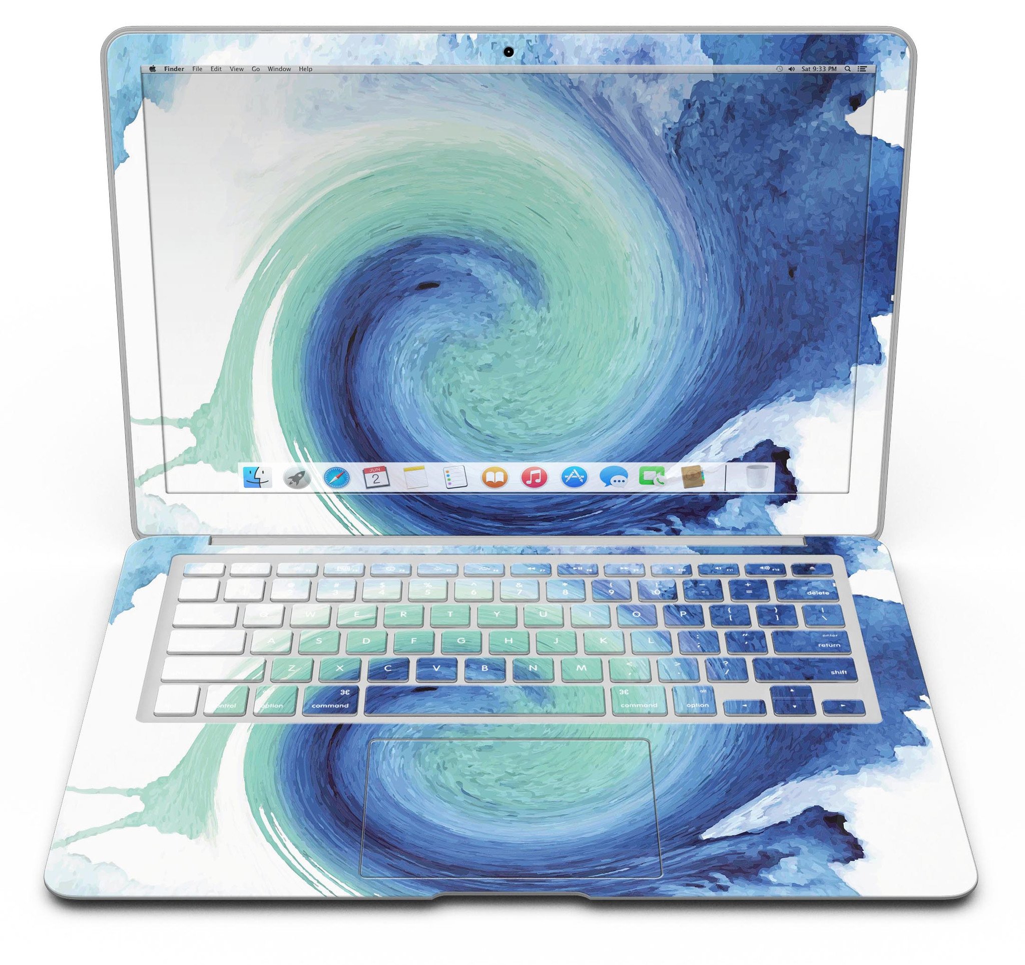 Blue and teal watercolor swirl skin for MacBook Air, showcasing vibrant colors and artistic design.