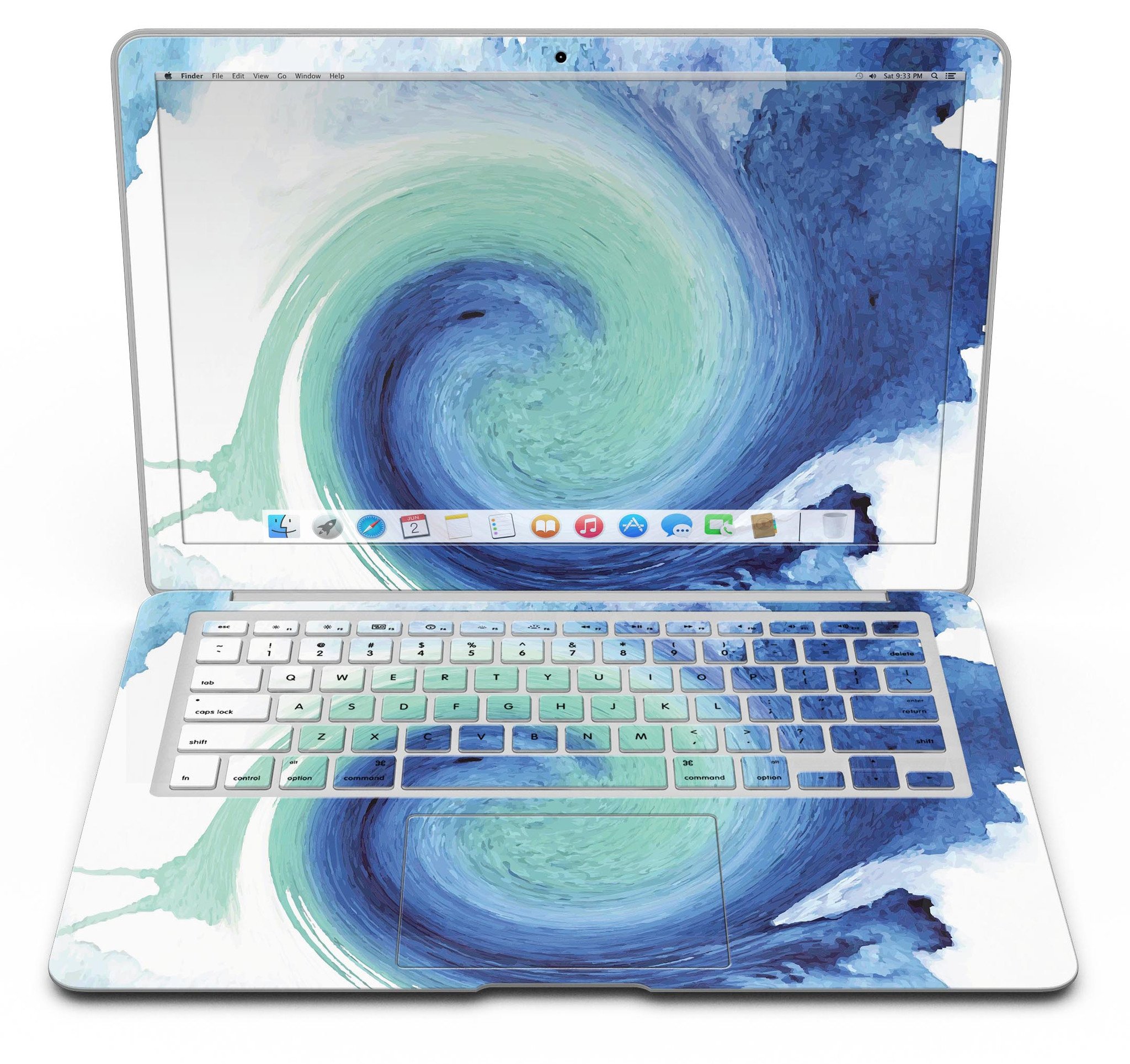 Blue and teal watercolor swirl skin for MacBook Air, showcasing vibrant colors and artistic design.